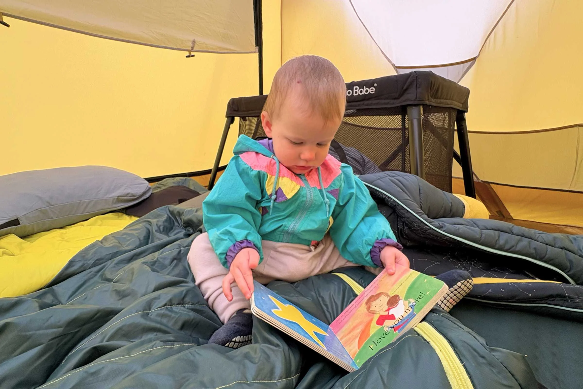 A view of the inside of the REI Base Camp 4 tent with a Pack ‘n Play crib inside. Photo courtesy Erica Zazo