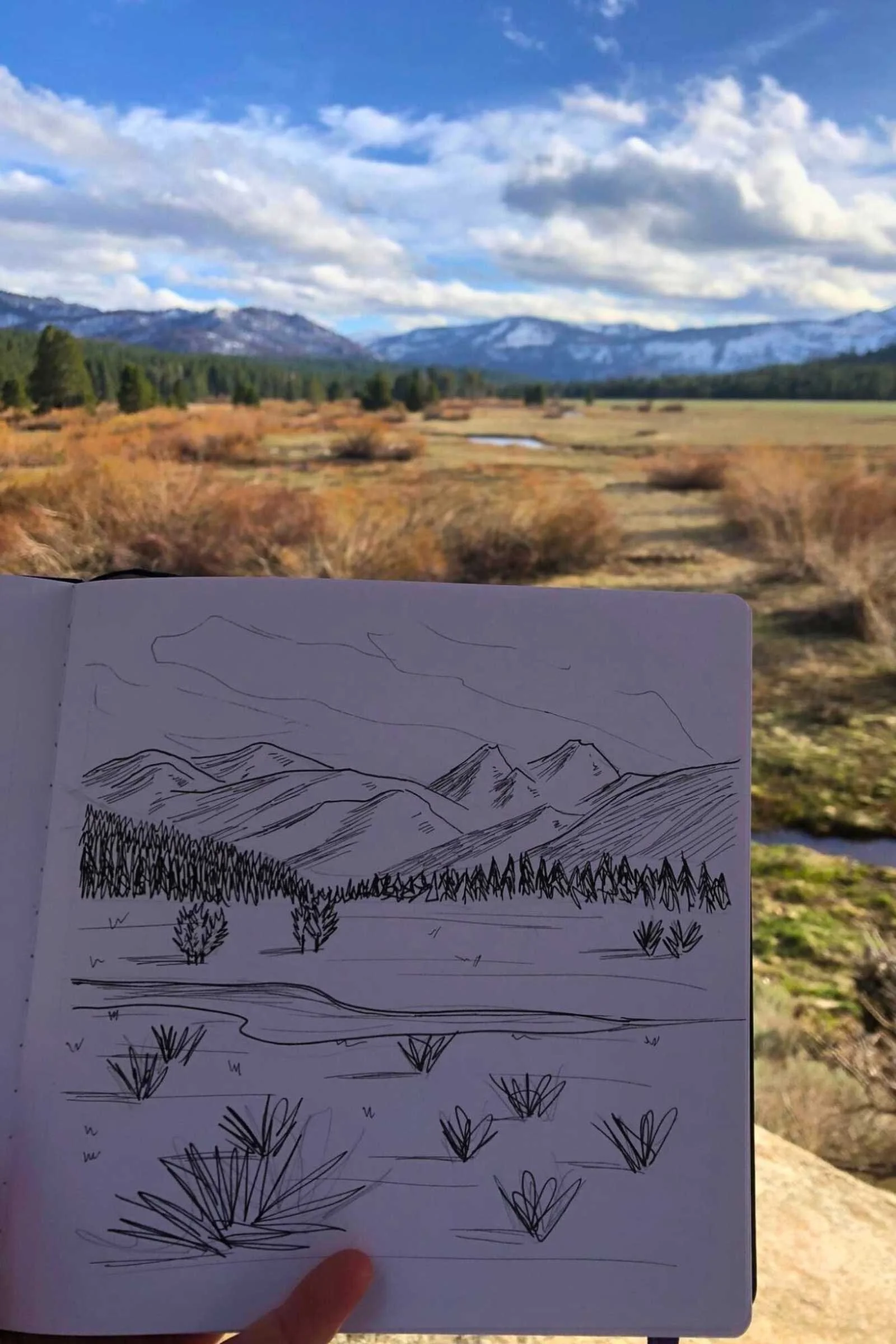Articka Hardbound Sketchbook with a pen sketch in the foreground and the landscape in the mountainous landscape in the background