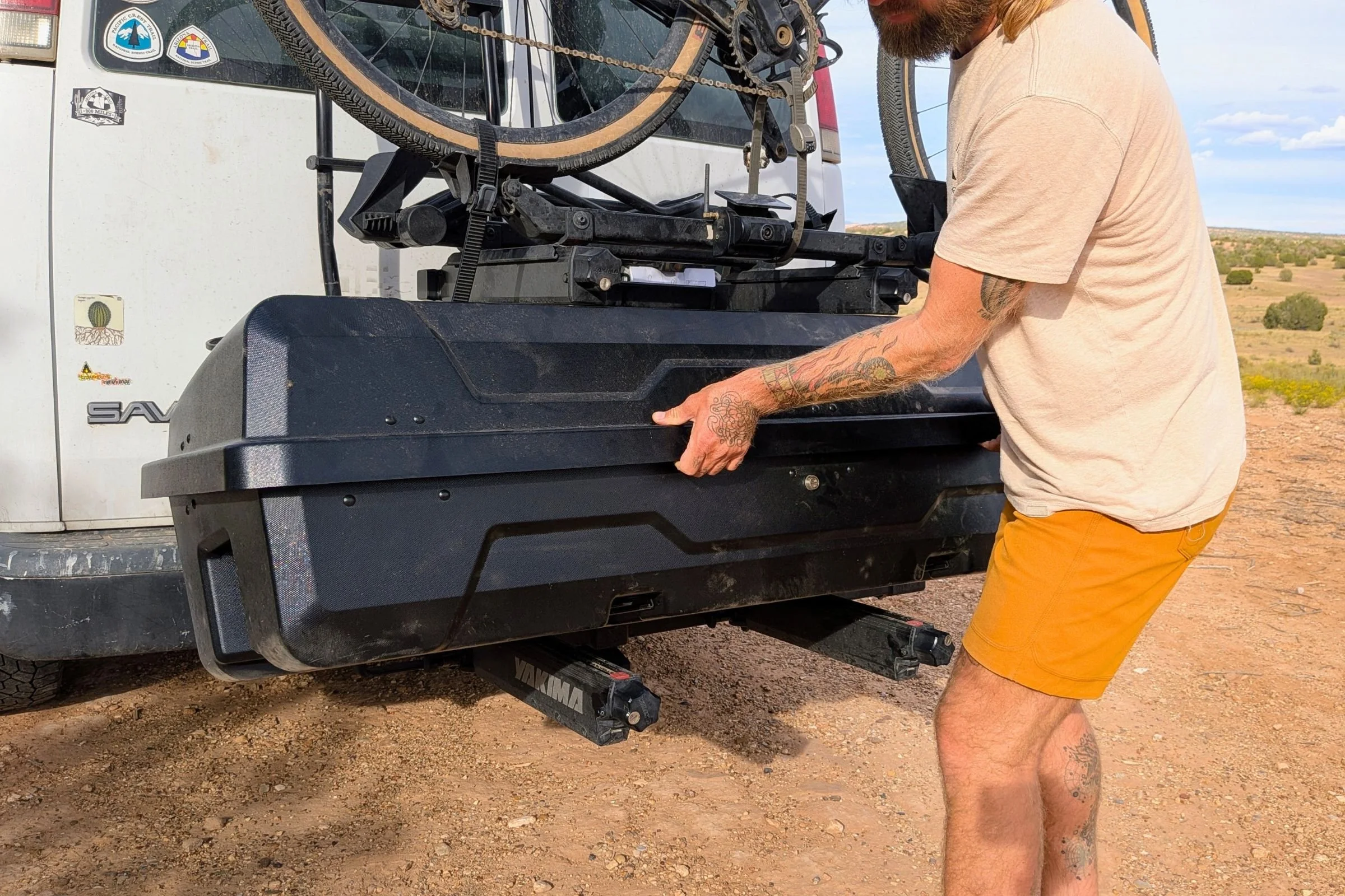 Tester showing the Yakima EXO GearLocker  EXO Cleats that allow it to connect to the EXO SwingBase or EXO TopShelf