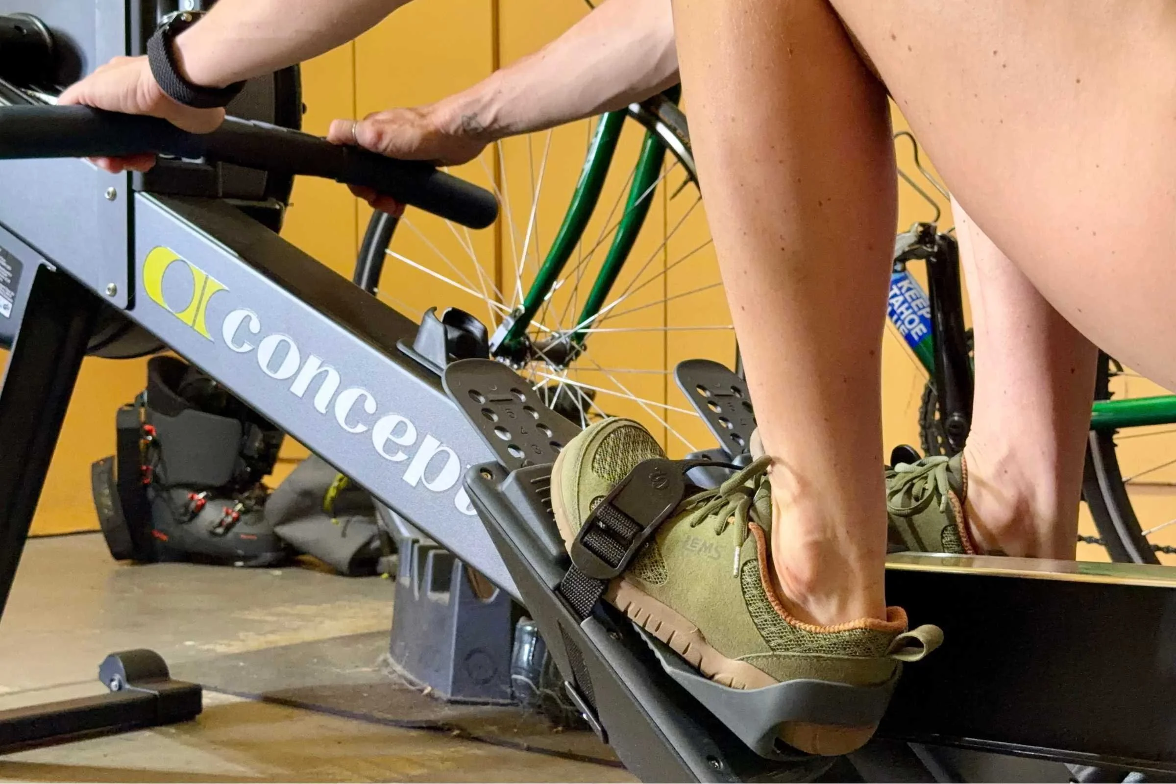 Wearing the Lems Primal barefoot shoes on a rowing machine