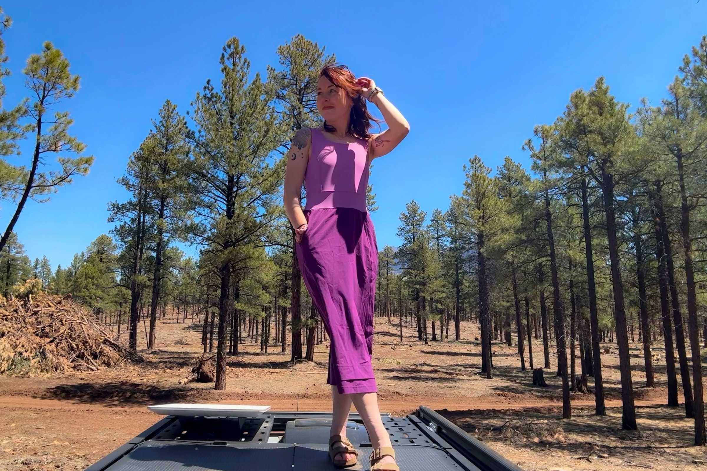 Testing the Title Nine Limitless Midi Dress while hanging out on the roof of a campervan in a pine forest