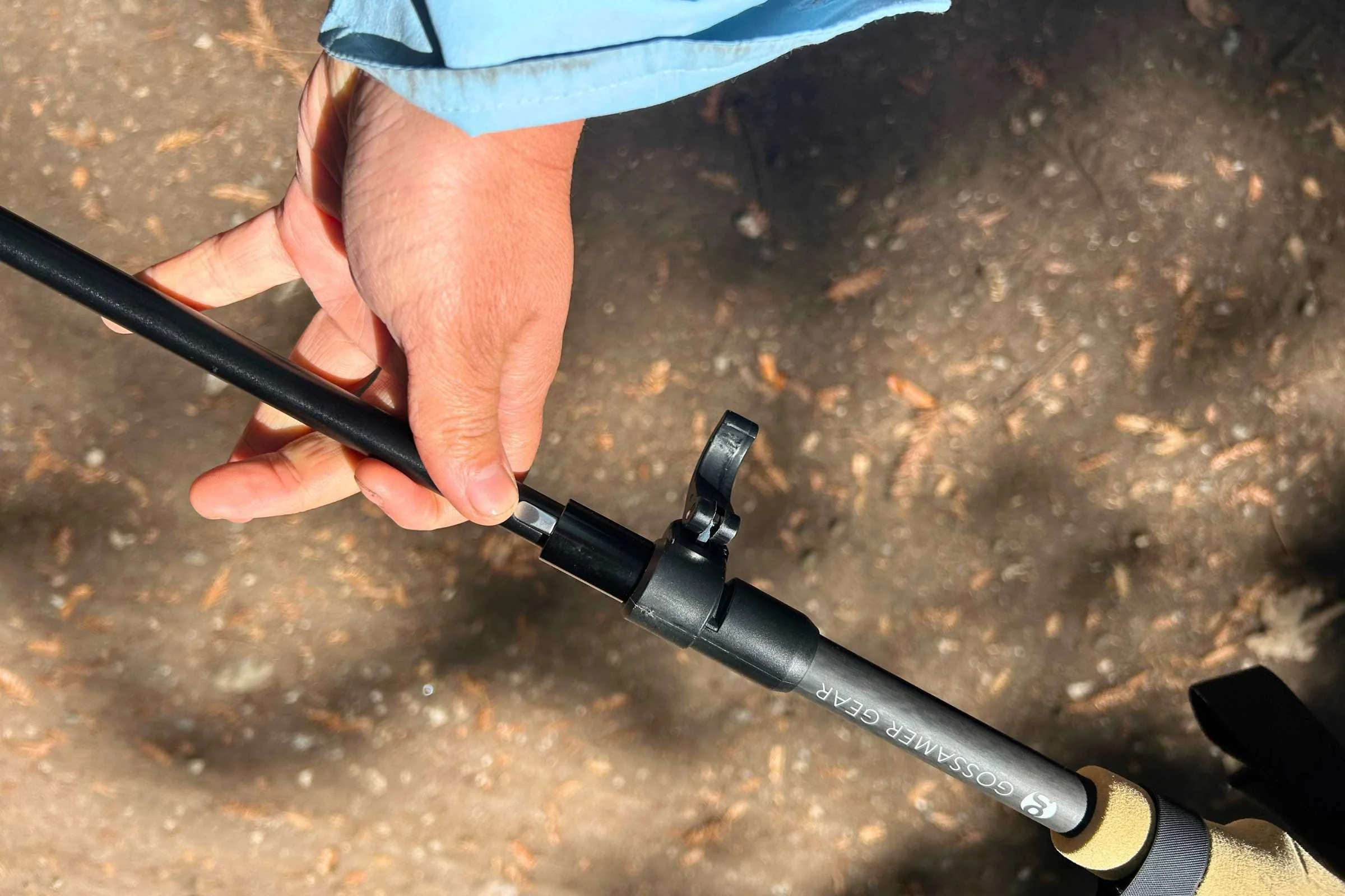 A closeup of the locking mechanism on the Gossamer Gear FT3 poles.