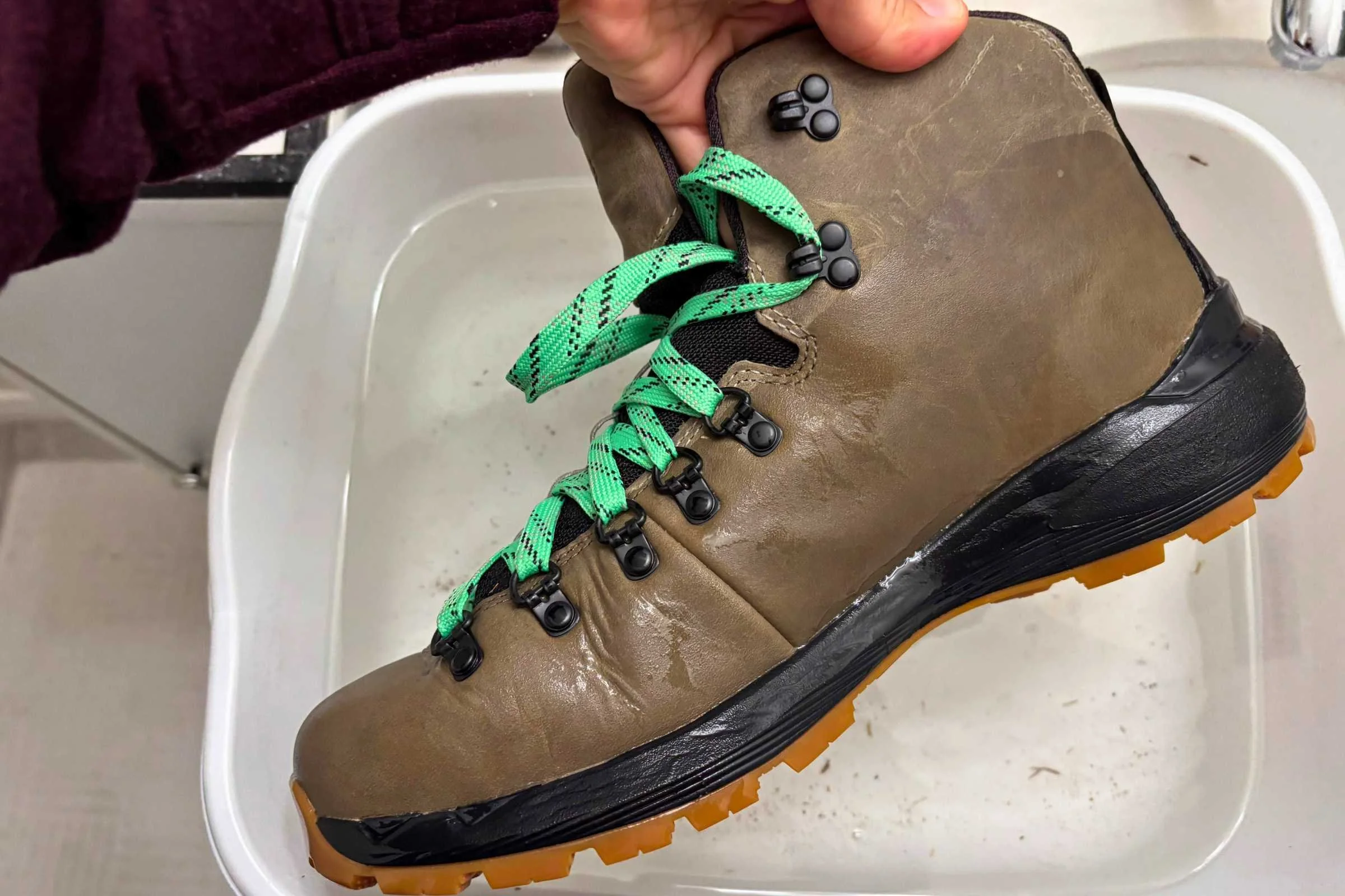 the danner mountain 600 gtx boots in a bucket of water