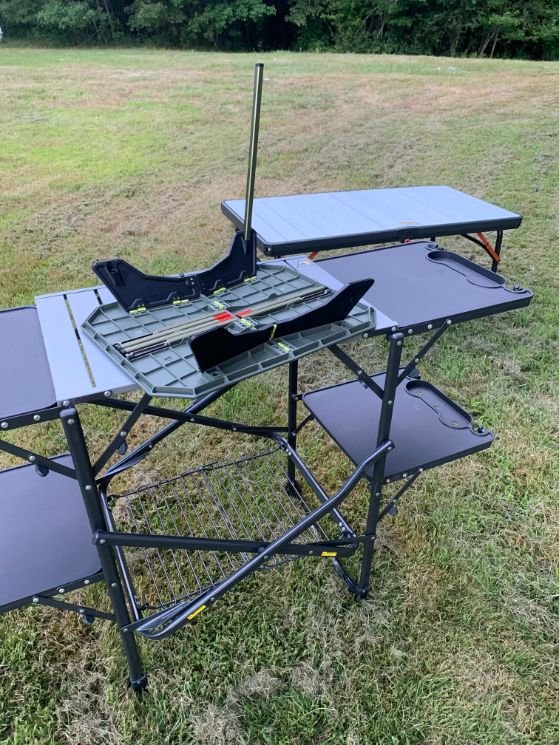 Folding Camping Table, Portable Kitchen Table with 2 Zipper Organizer Shelf  & Wind Screen, Foldable Cooking Table for Camping Hiking Picnic BBQ (Black)  