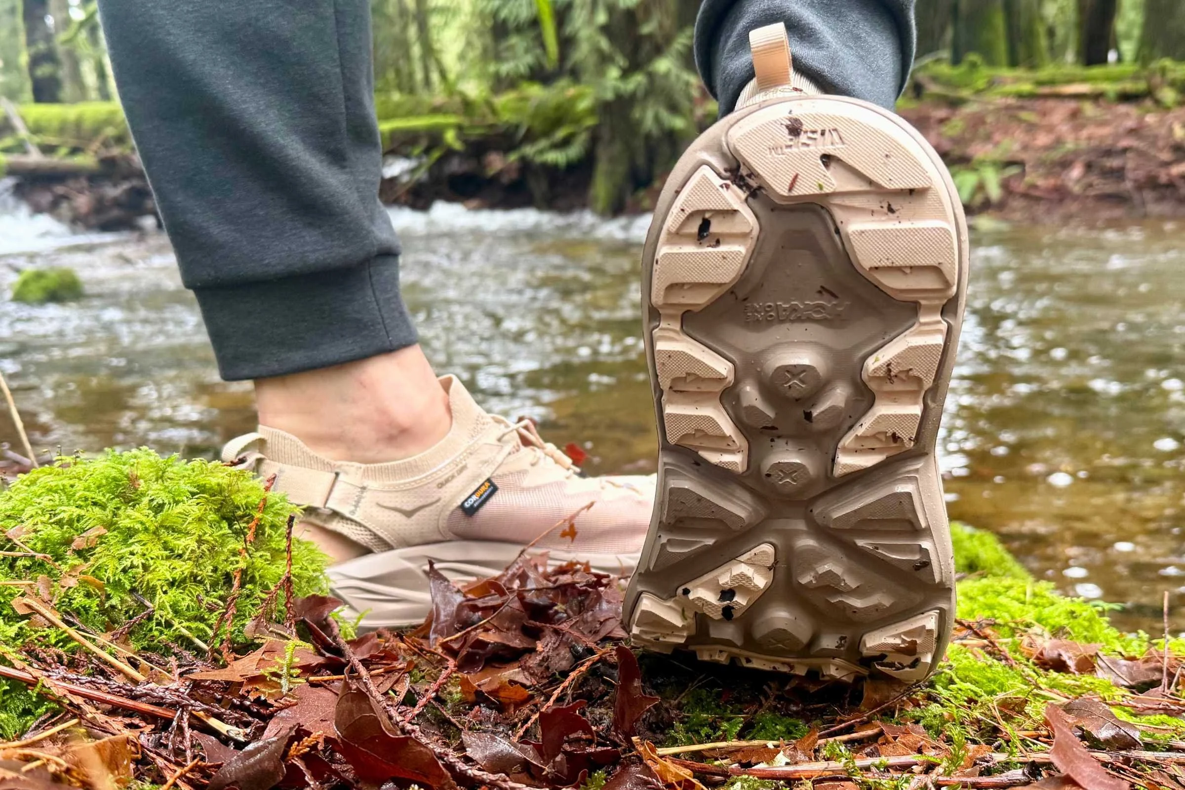 Trail Tread rubber gripping wet rocks and slick surfaces better than expected for a hybrid shoe. Photo by Ebony Roberts