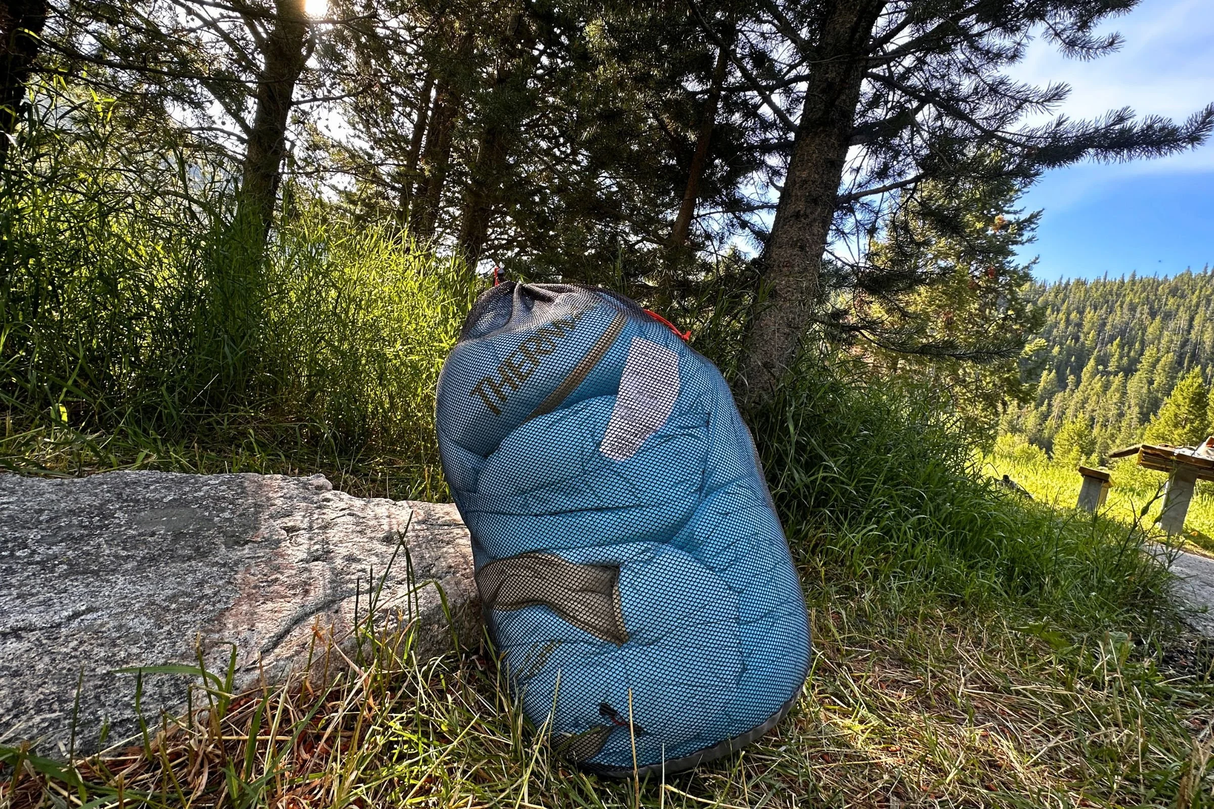 The Therm-a-Rest Boost 650 in its mesh storage bag.