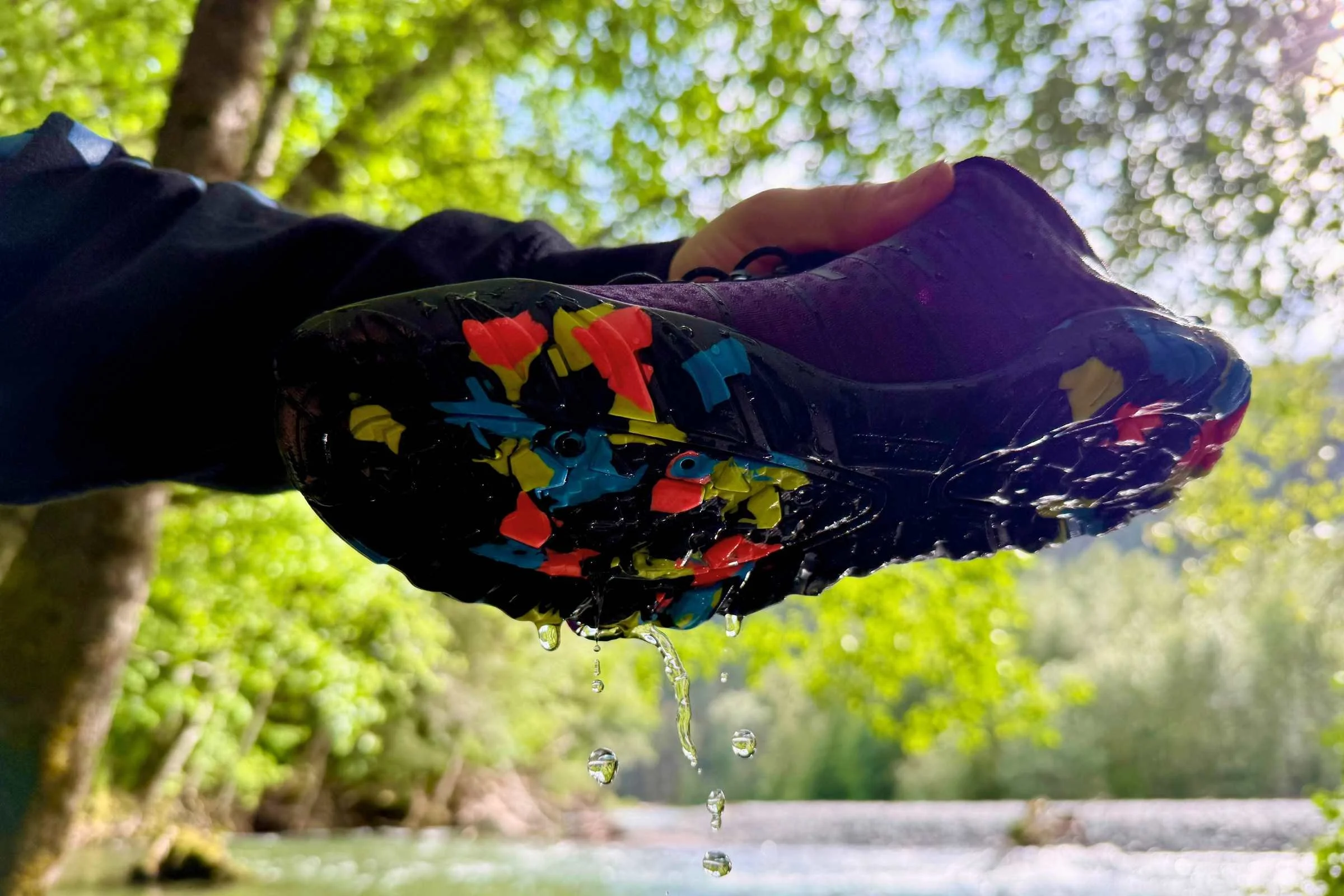 Water pouring from shoe after immersion