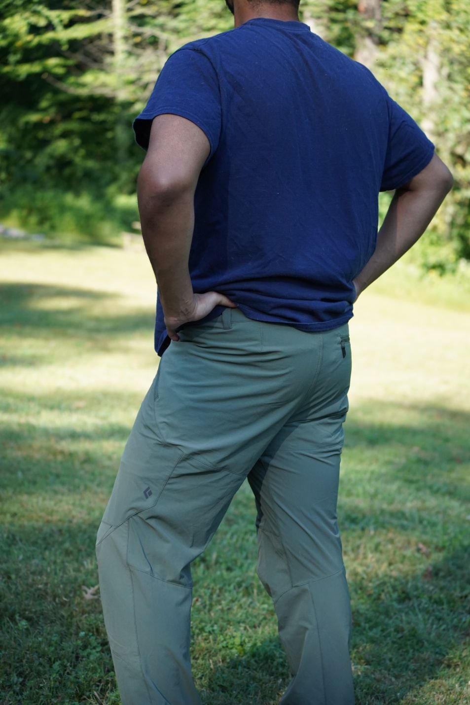 A view from behind of the author wearing the Black Diamond Swift men's hiking pants