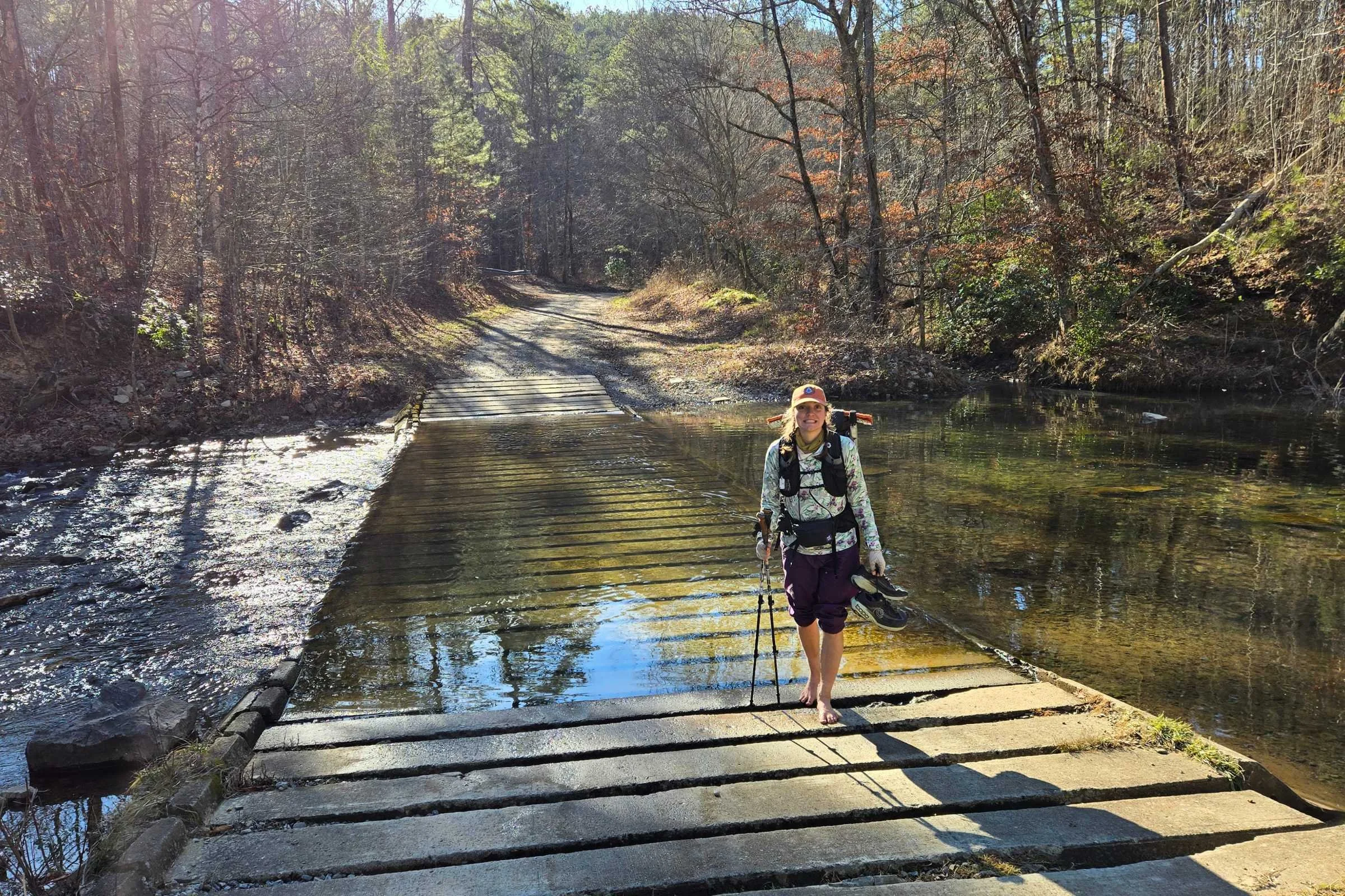 West Armuchee Creek flows over the concrete roadway, for a chilly, slippery, barefoot crossing. We kept our shoes dry for as long as possible!