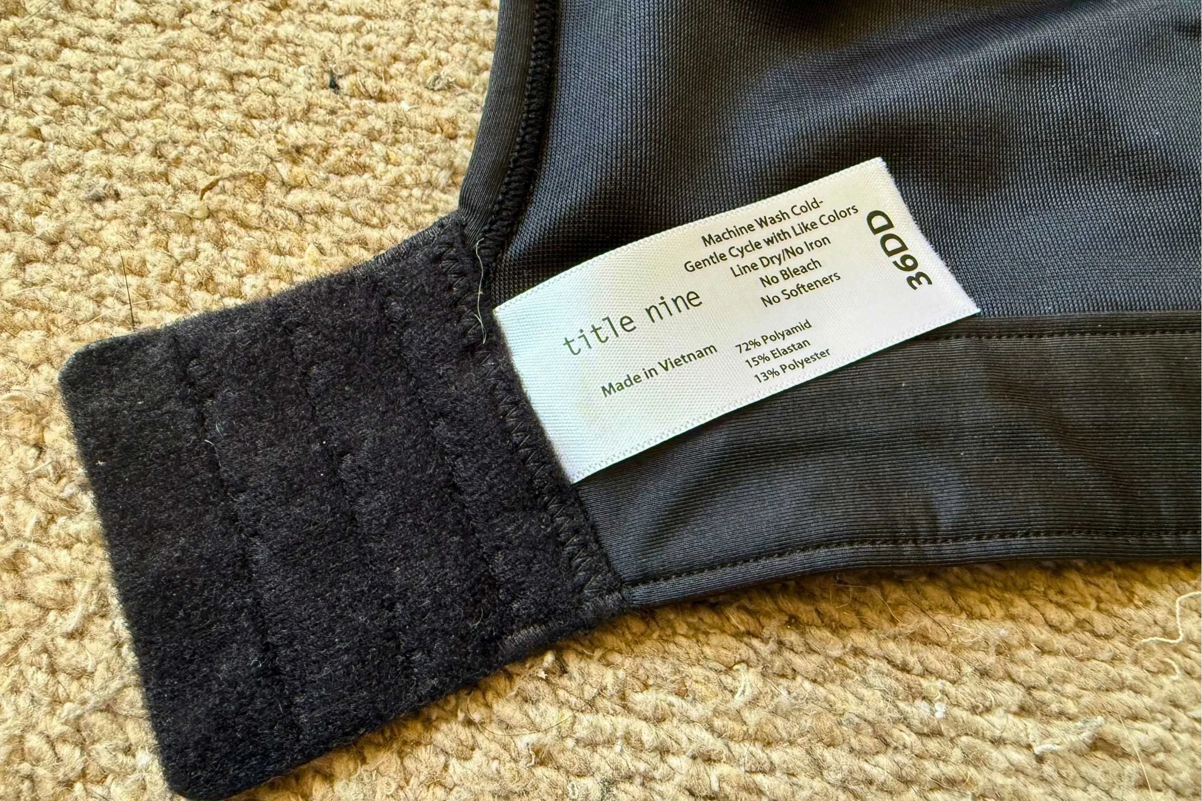 Close-up on the tag and Velcro closure on the 3 Reasons Sports Bra. Photo by Stasia Stockwell.