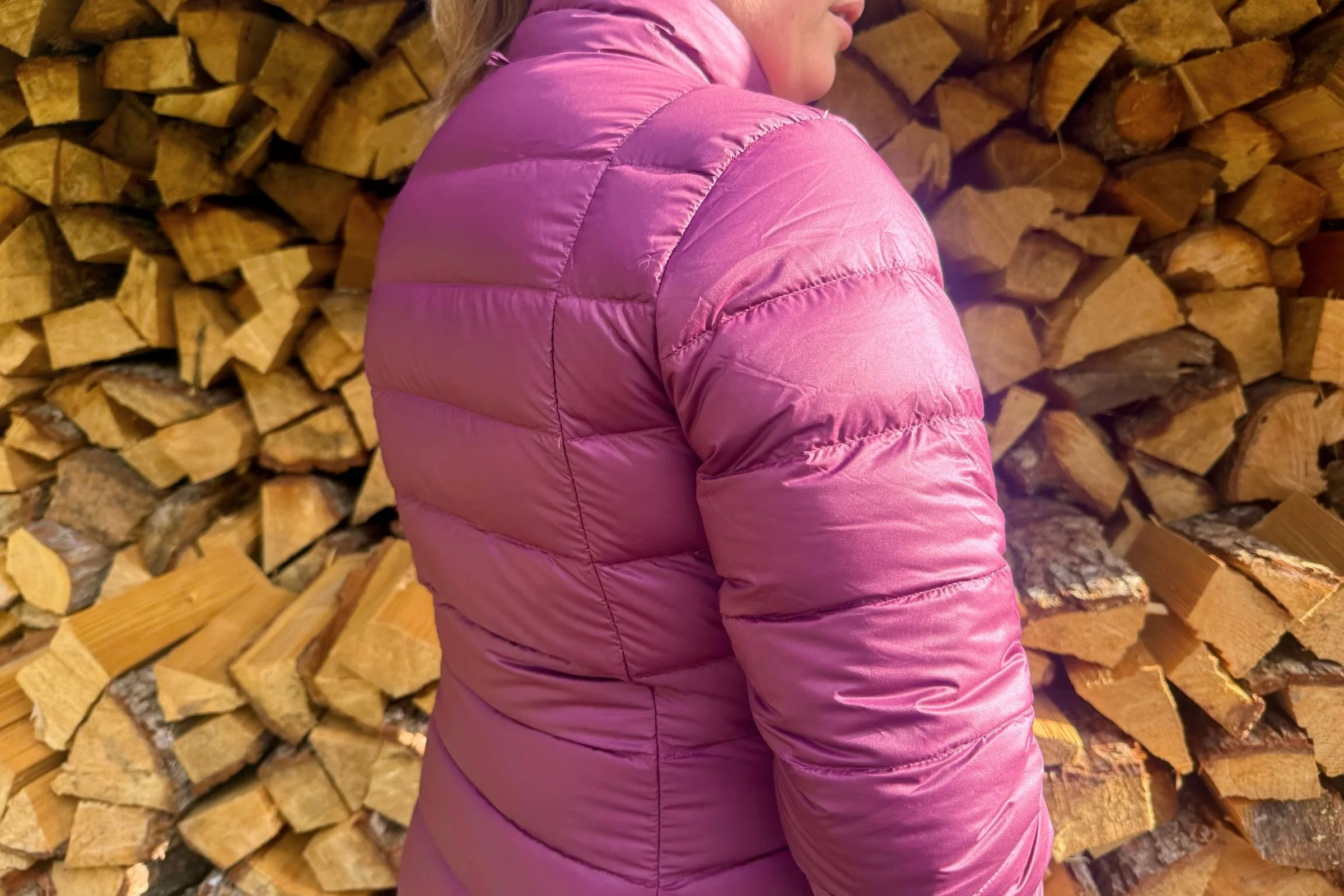 A close-up of the baffling and fabric on the down jacket.