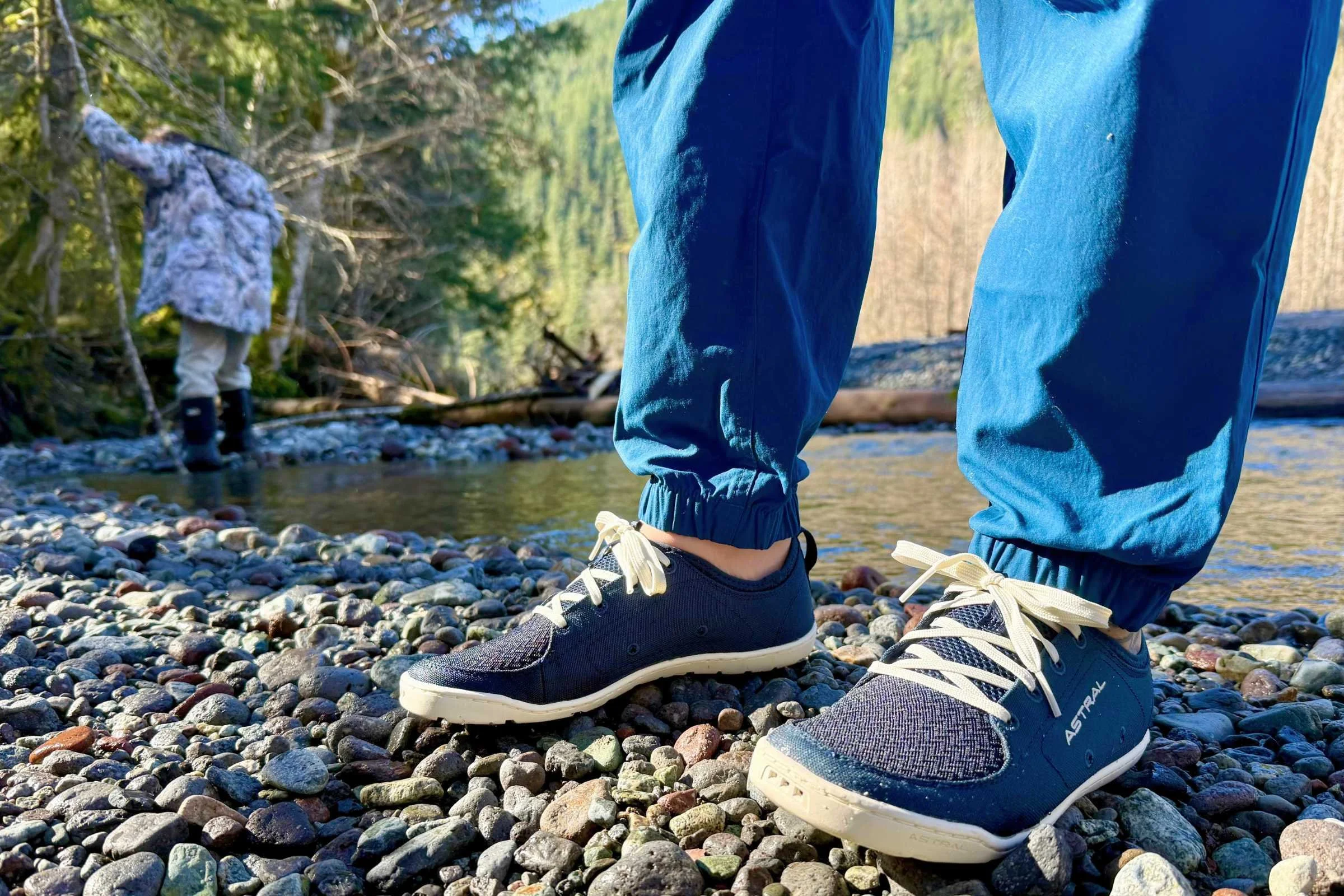 Testing the Loyak on a rocky river shoreline. Photo by Steve Redmond.