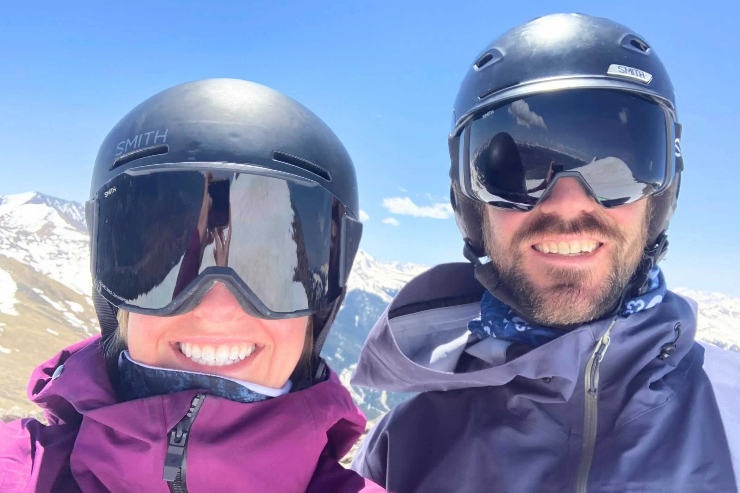 The author (left) and her husband (right), who have been testing the Smith 4D MAG goggles for several ski seasons.