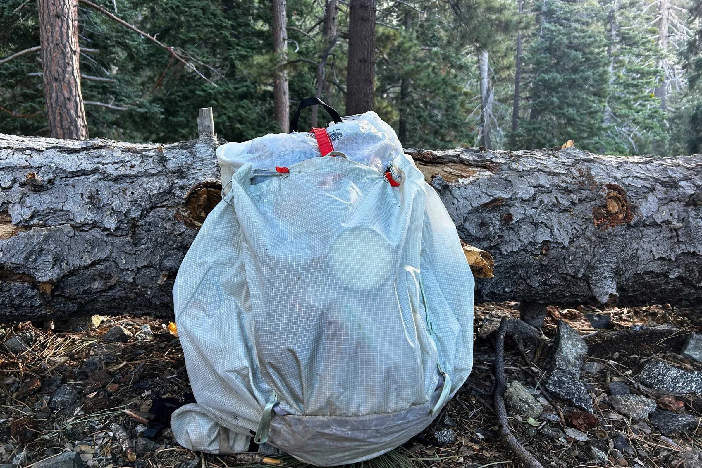 the mountain hardwear alakazam backpack packed full, with log and trees in the background