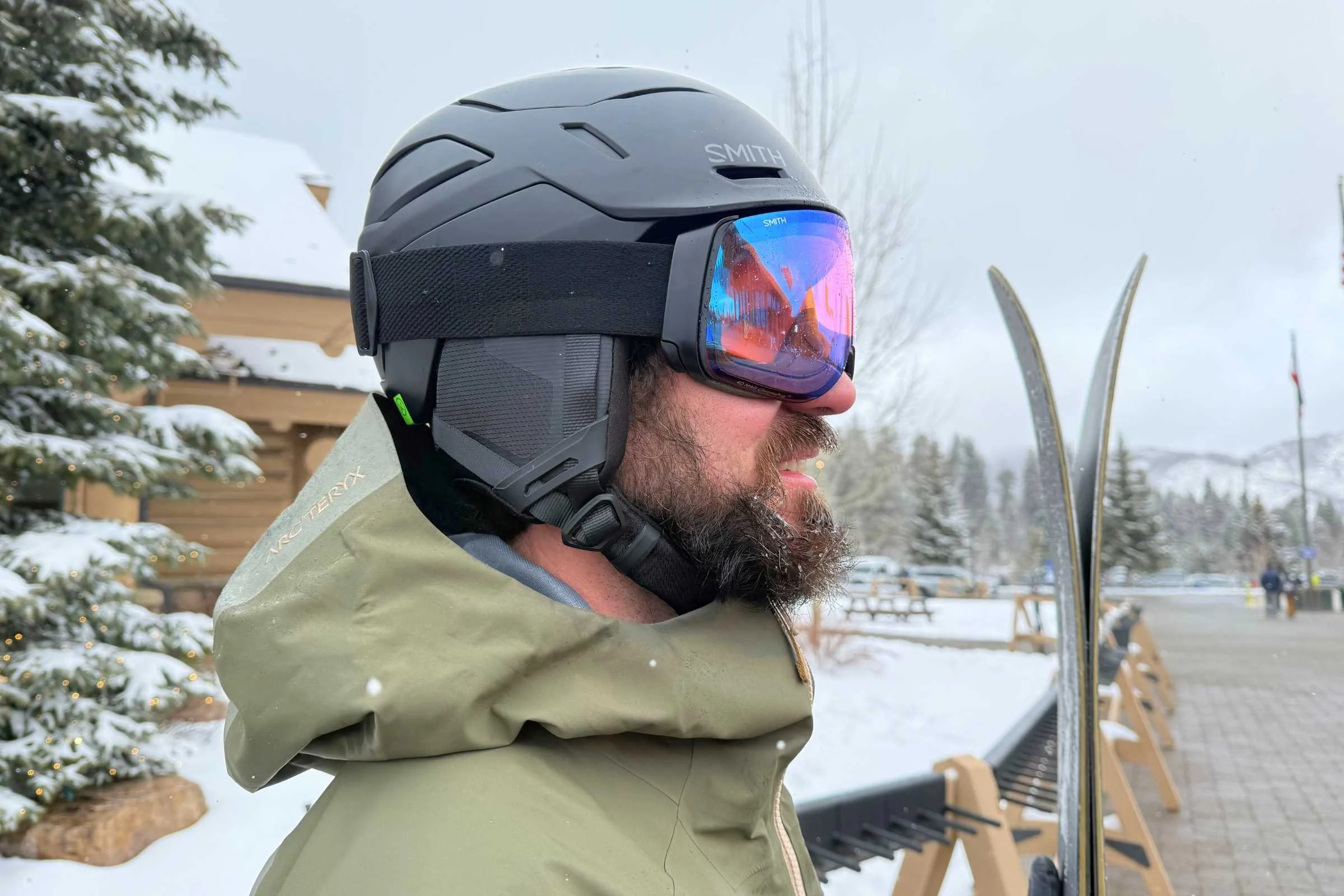 close-up of a skier wearing the Smith Optics Vantage 2 helmet