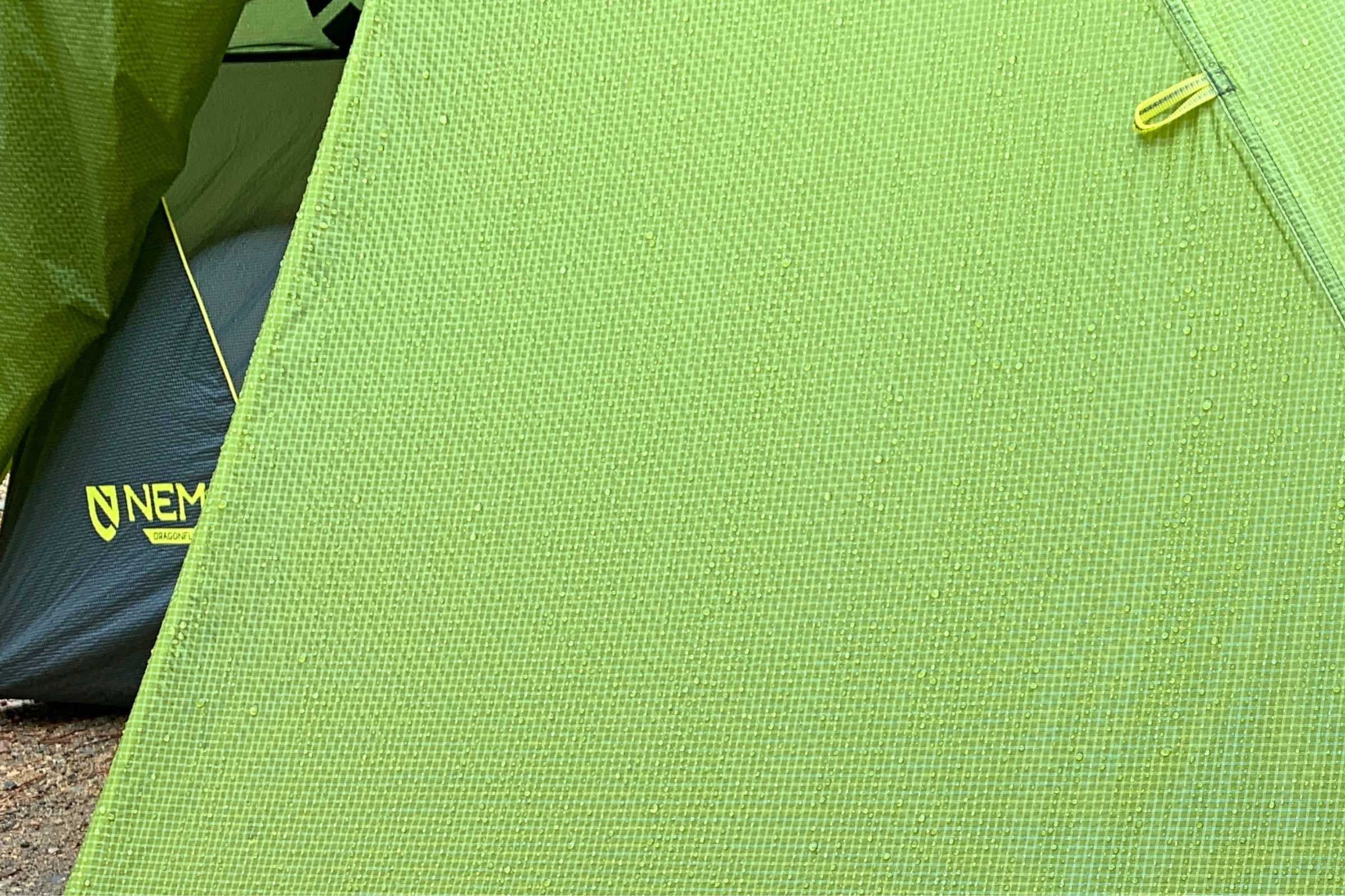Water beading off the NEMO OSMO fabric rainfly in an active rainstorm.
