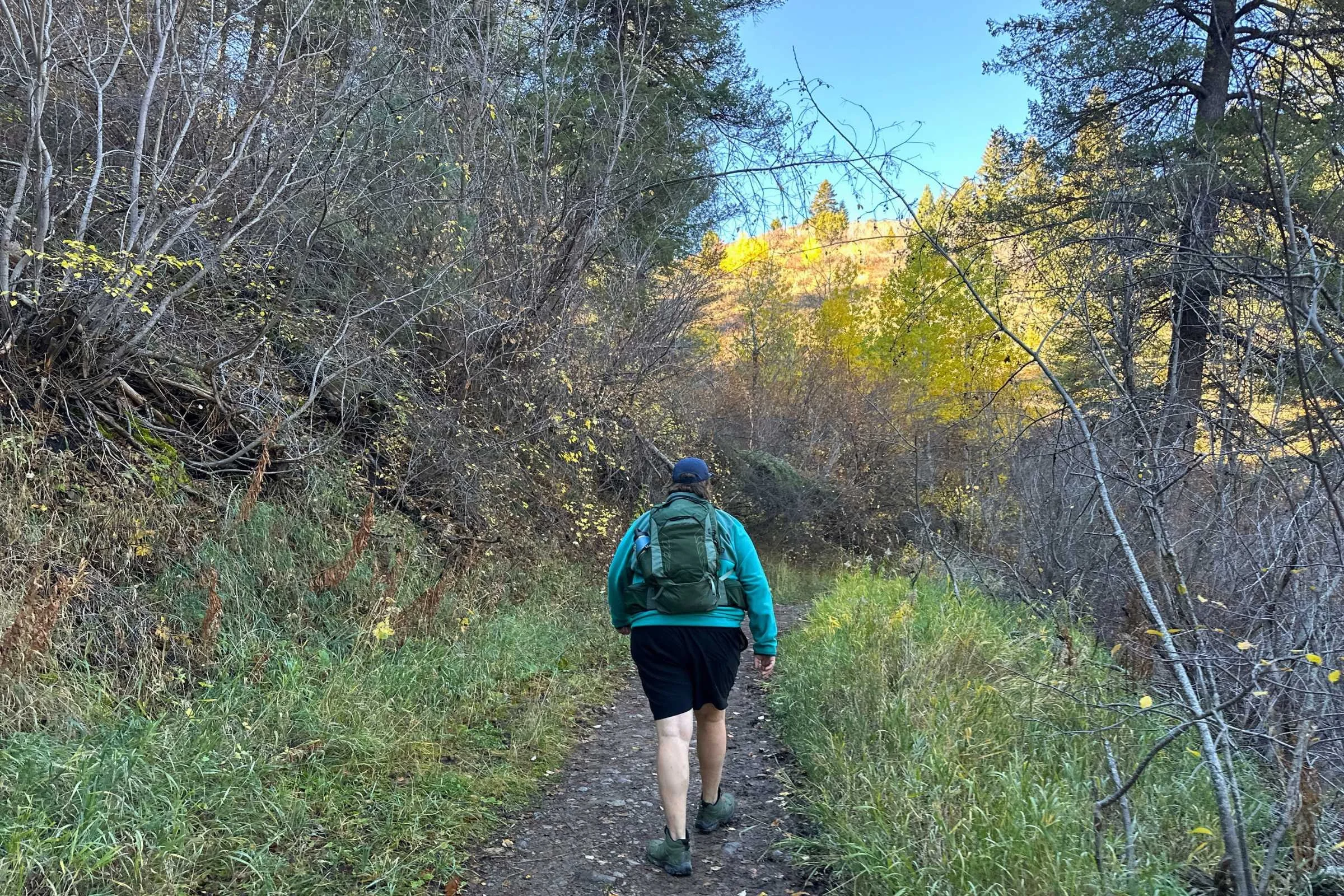 Hiking a trail wearing the Osprey Talon