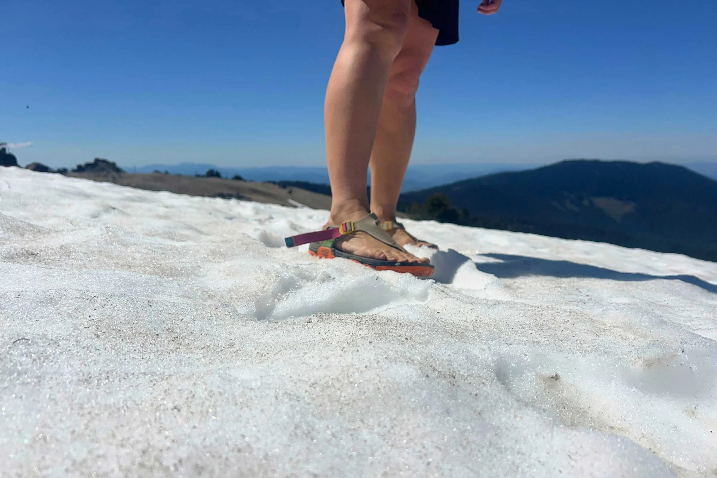 Out on a bit of snow in the Lems Switchback Sandal Knit