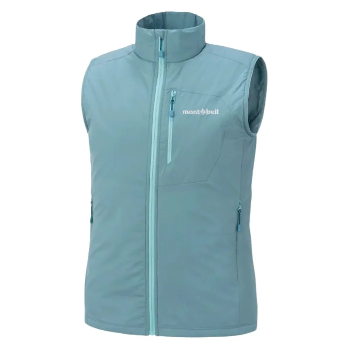 Blue-green Montbell EX Light Thermawrap Vest with zippered hand and chest pockets