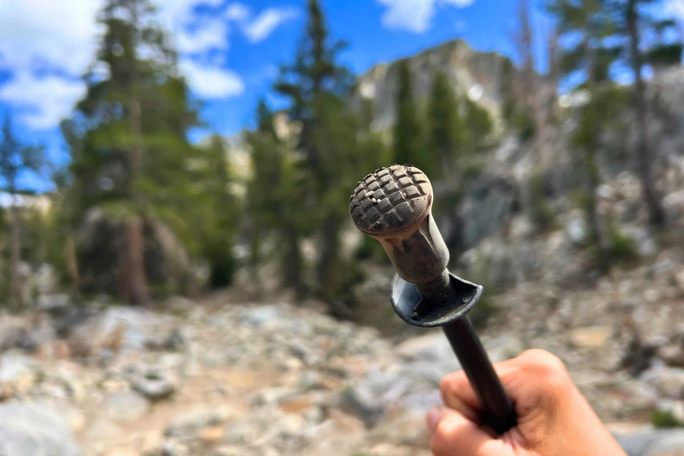 Close-up of the rubber boot on the GG FT3 folding poles with mountains and trees in the background