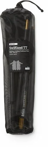 The REI Co-op Swiftland TT carbon folding running poles folded up and stored in a mesh bag.
