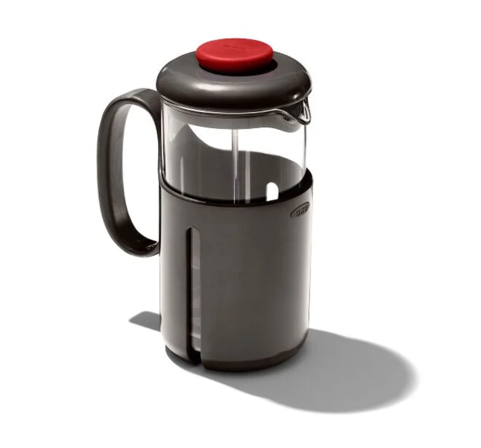 The OXO Campgrounds French Press 2.0 in gray and red