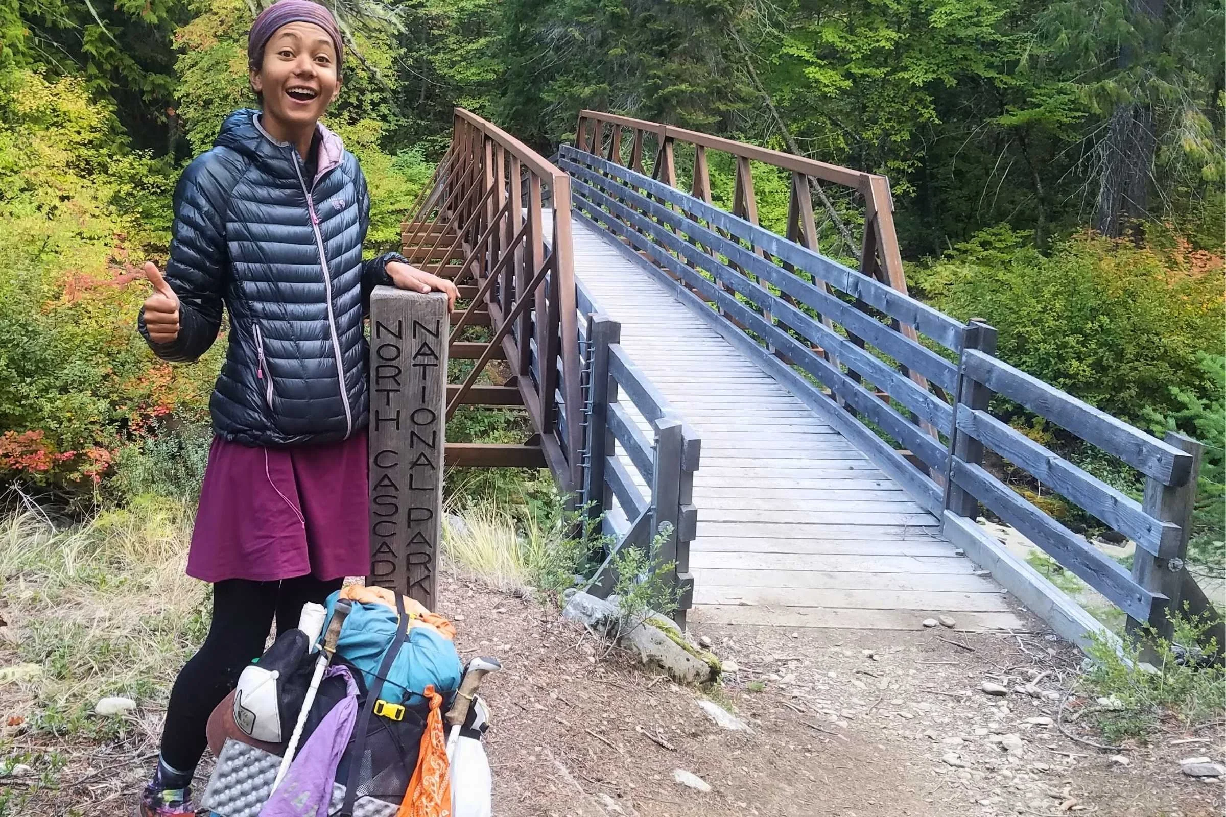Treeline writer Amanda Jameson wears the Mountain Hardwear Ghost Whisperer on a thru-hike of the Pacific Crest Trail.Thru-hikers are often willing to sacrifice some features of a down jacket to save weight.Photo courtesy Amanda Jameson.