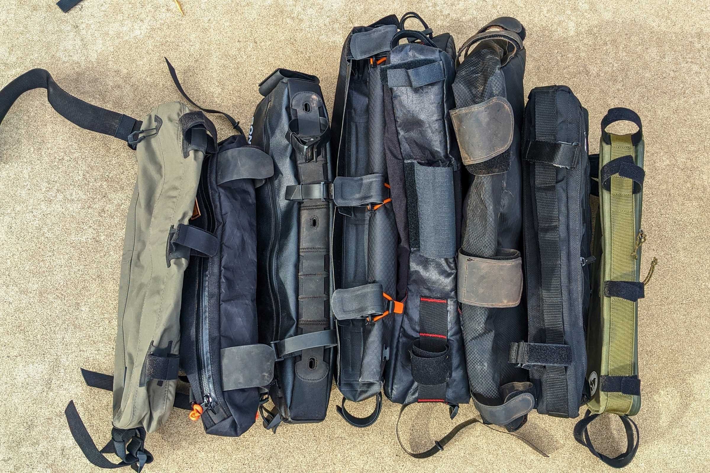 Eight of the many bike frame bags we tested for this review.