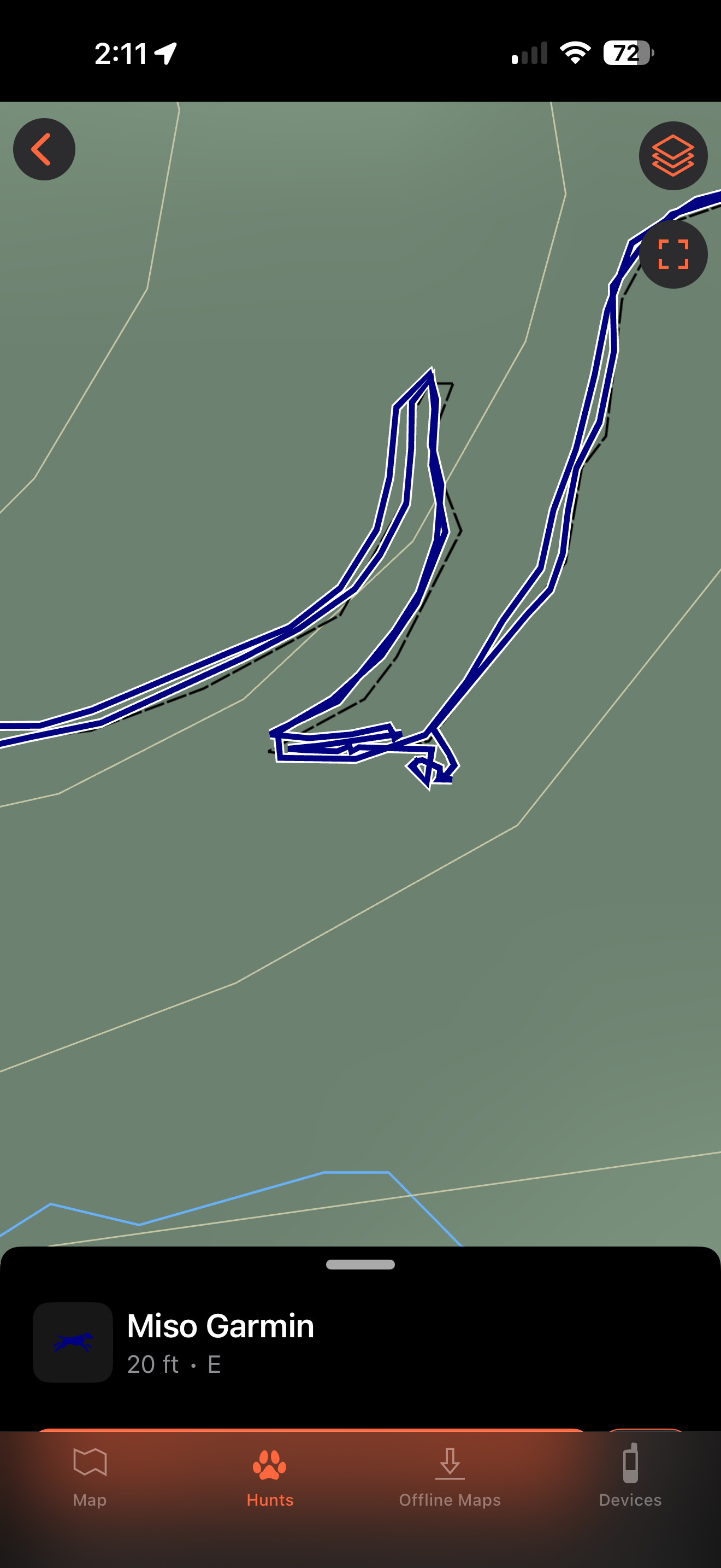Screenshot of a switchback walk tracked by the Garmin Alpha LTE