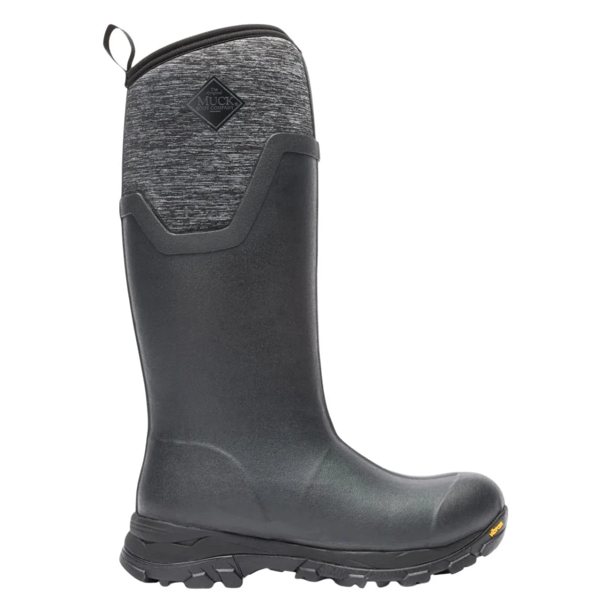 Muck Boot Arctic Ice Tall boot with a black rubber lower and a gray patterned upper