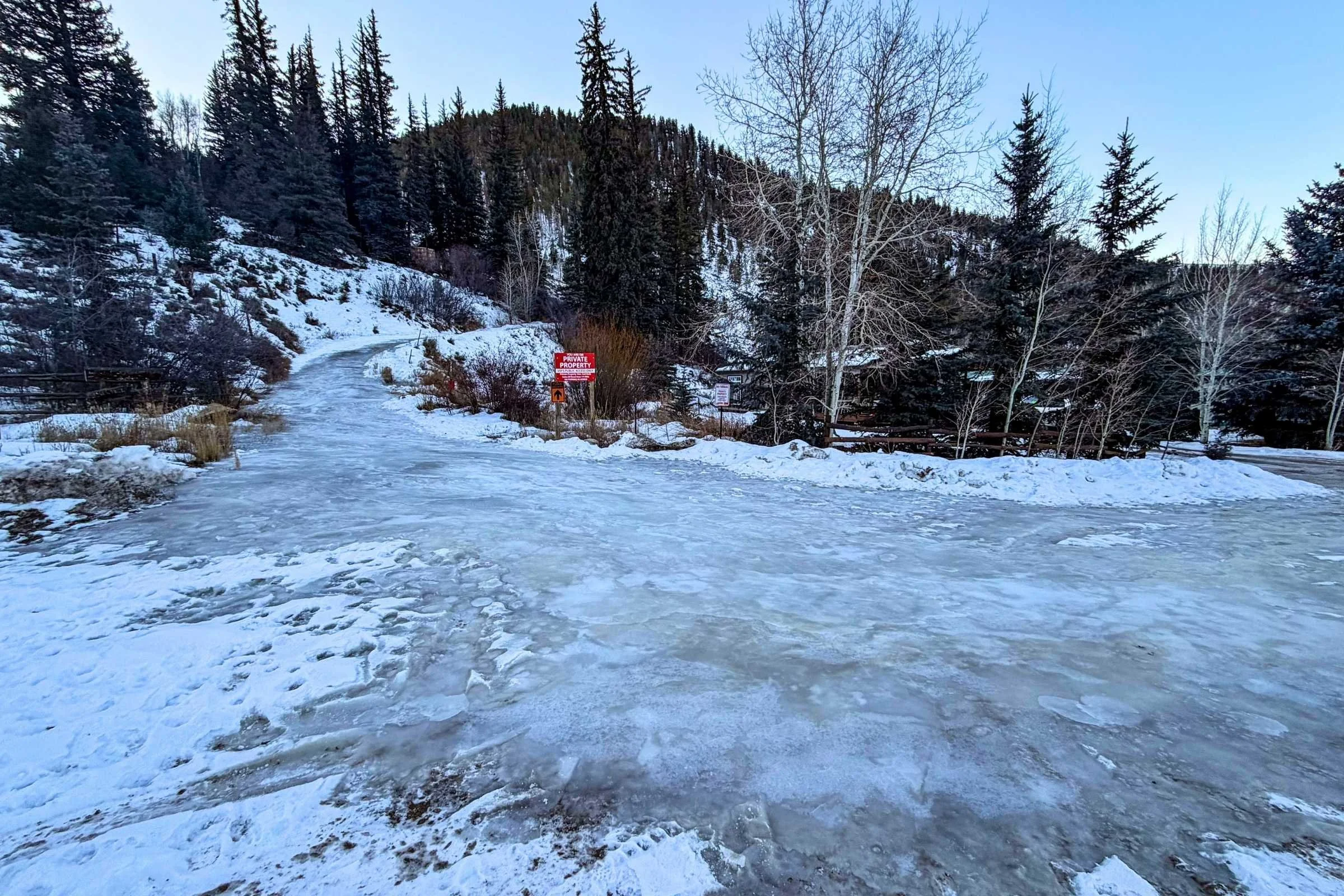 icy road with trees in the background