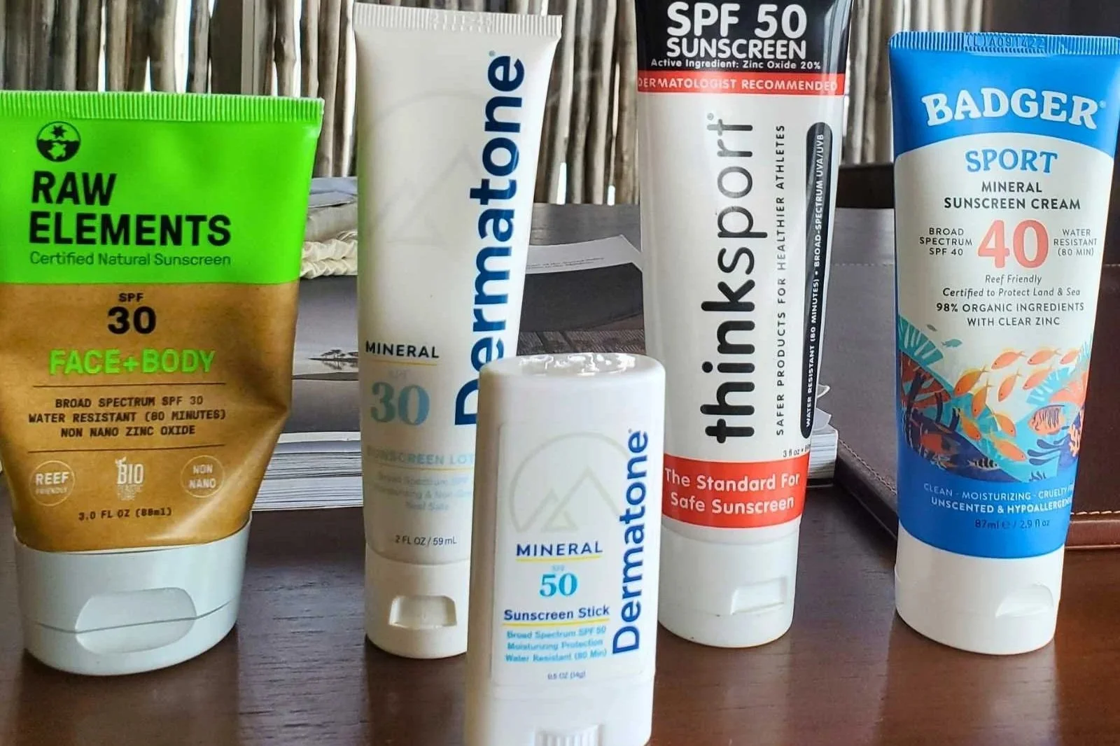 Some of the “reef safe” sunscreens we tested. Because “reef safe” and “reef friendly” are not regulated, some of these sunscreens contain non-reef safe ingredients.
