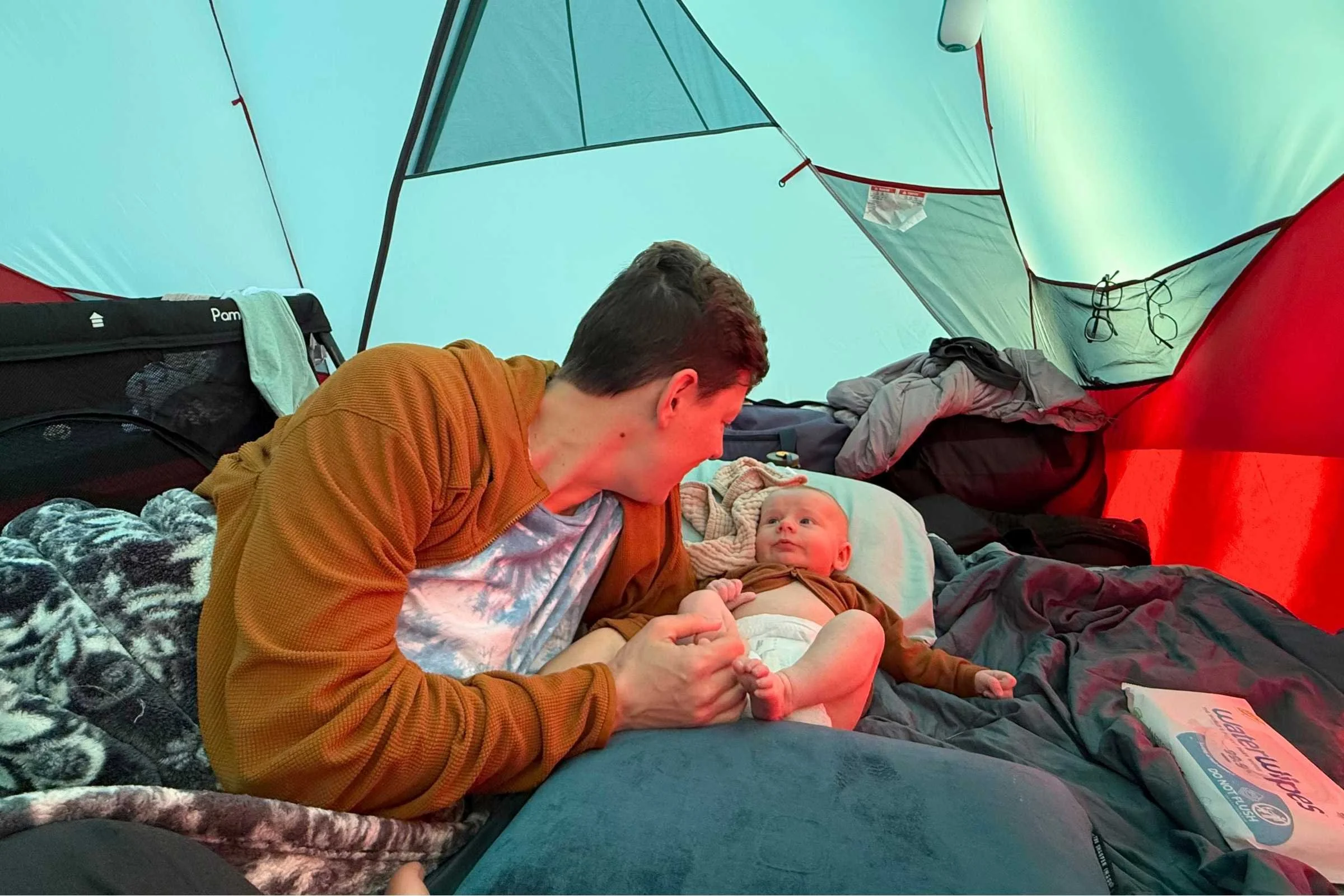 The Nemo Double Roamer makes a great spot for diaper changes and lounging in the tent with baby. Photo courtesy Erica Zazo