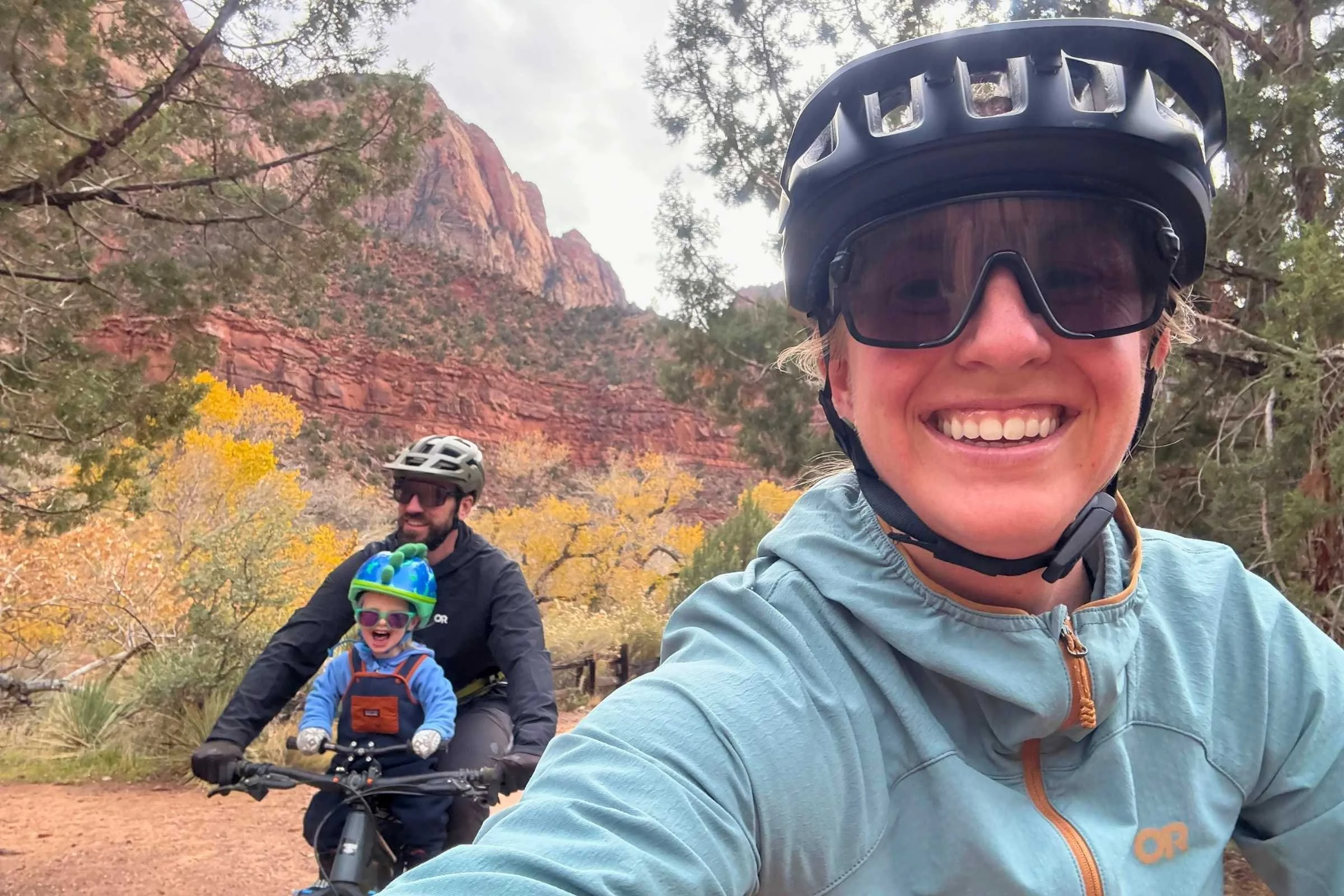 Stasia rides her bike near-daily when there isn’t snow on the ground. Here, she’s riding in Zion Canyon with her family while wearing the POC Cularis. Photo by Stasia Stockwell.
