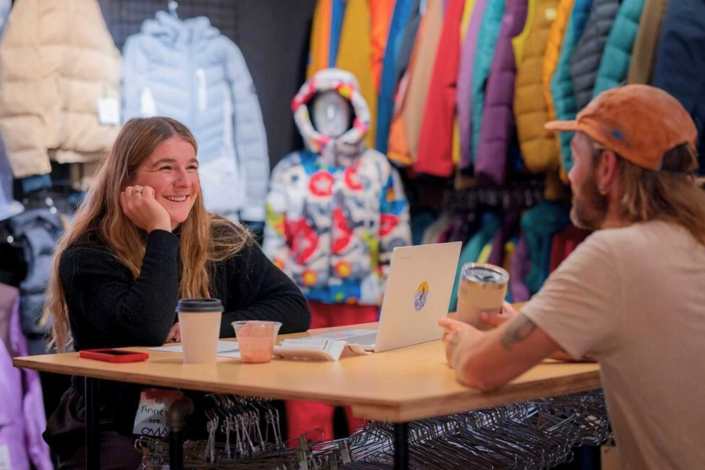 Treeline reviewer Sam meeting with brands at Outdoor Market Alliance Winter 2026