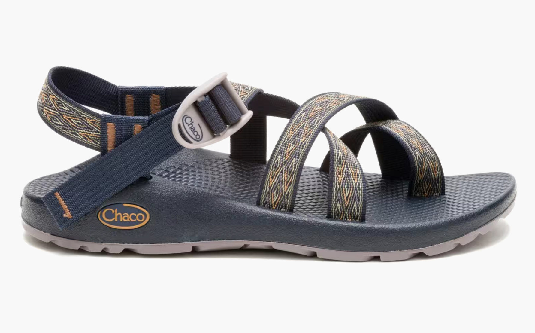 chacos z/2 classic sandals with orange, green, and navy pattern