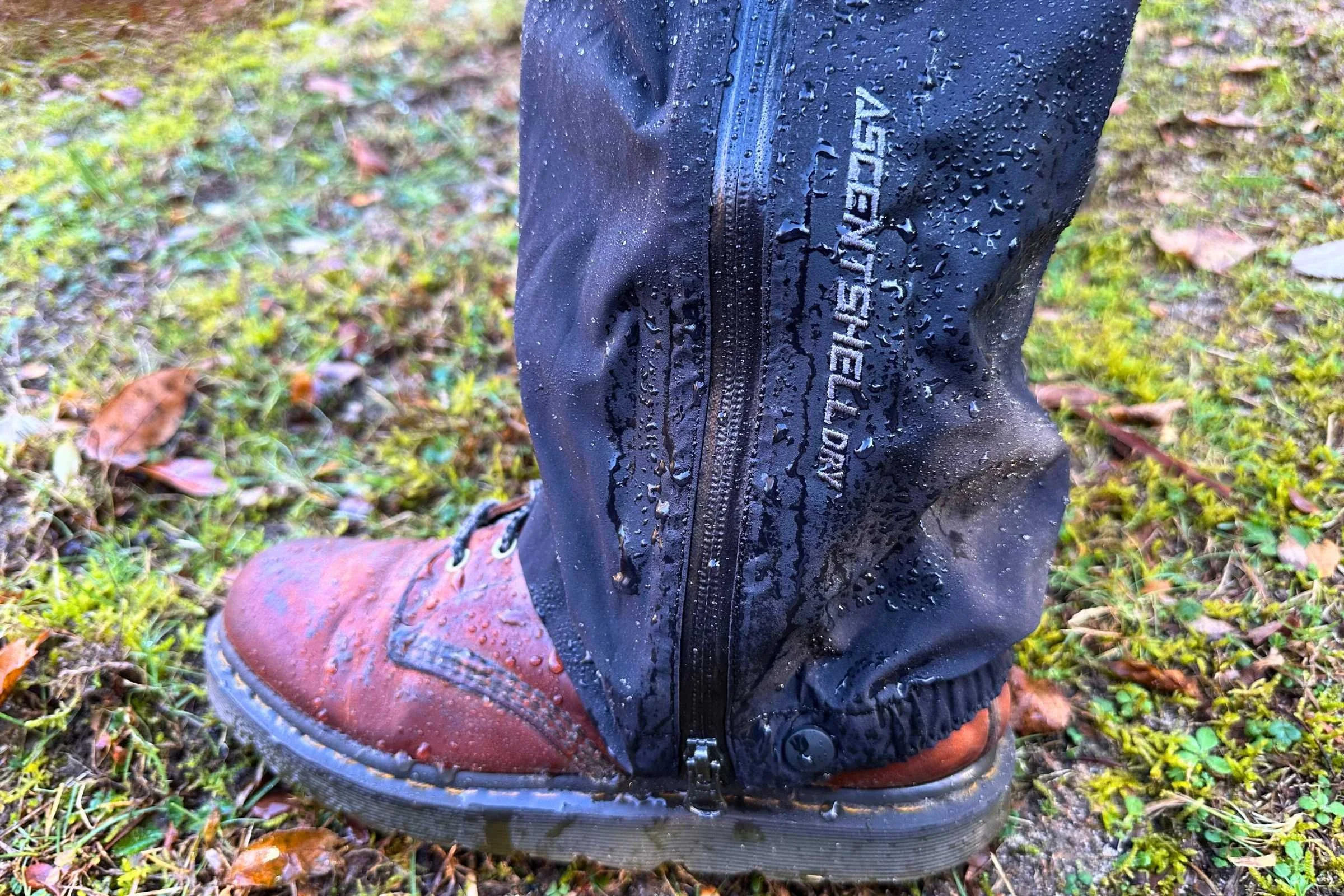 Waterproof fabric detail on ankle of Outdoor Research Foray 3L rain pants
