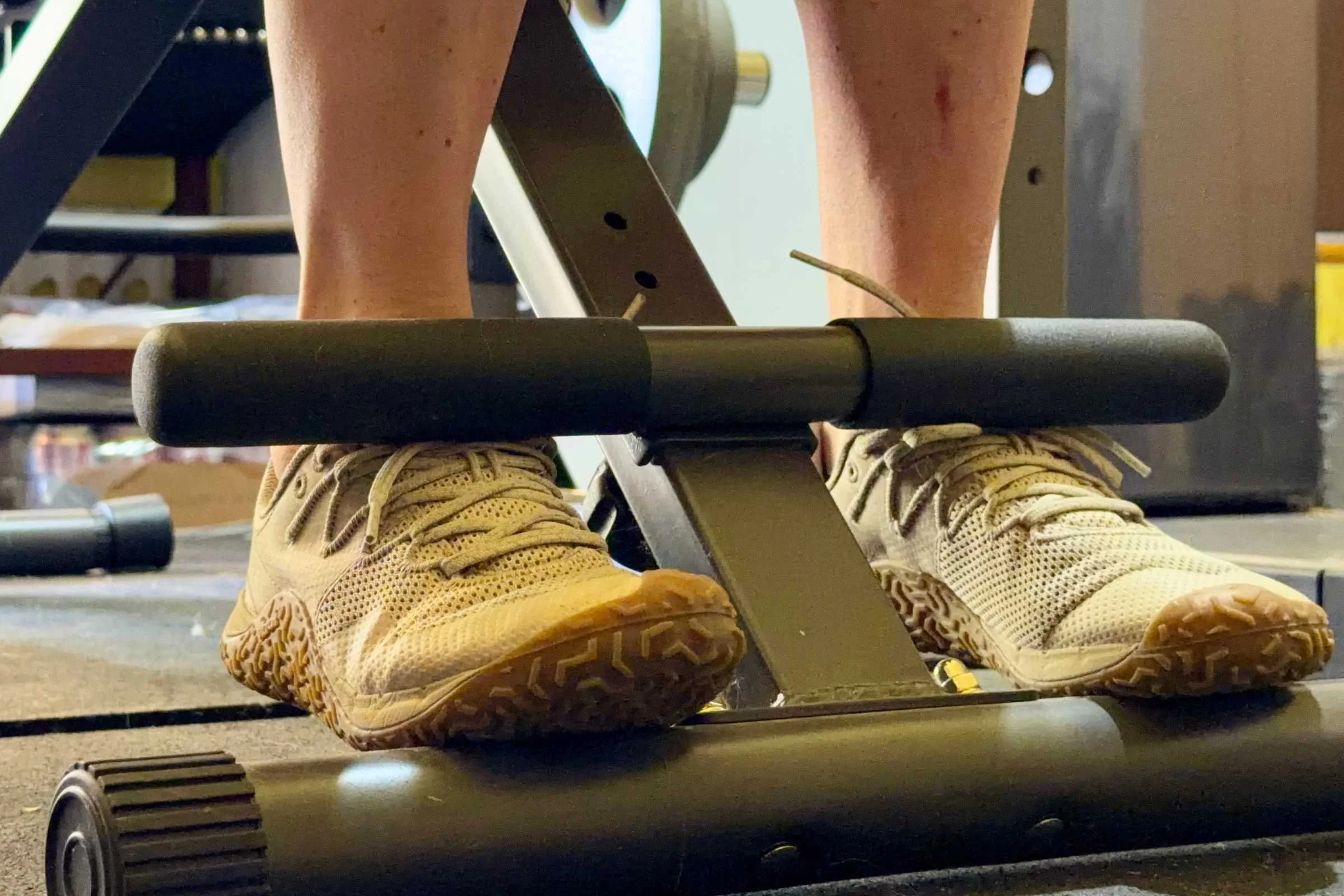 Wearing the Merrell Trail Glove 7 to work out on a weight bench. Photo courtesy Maggie Nichols