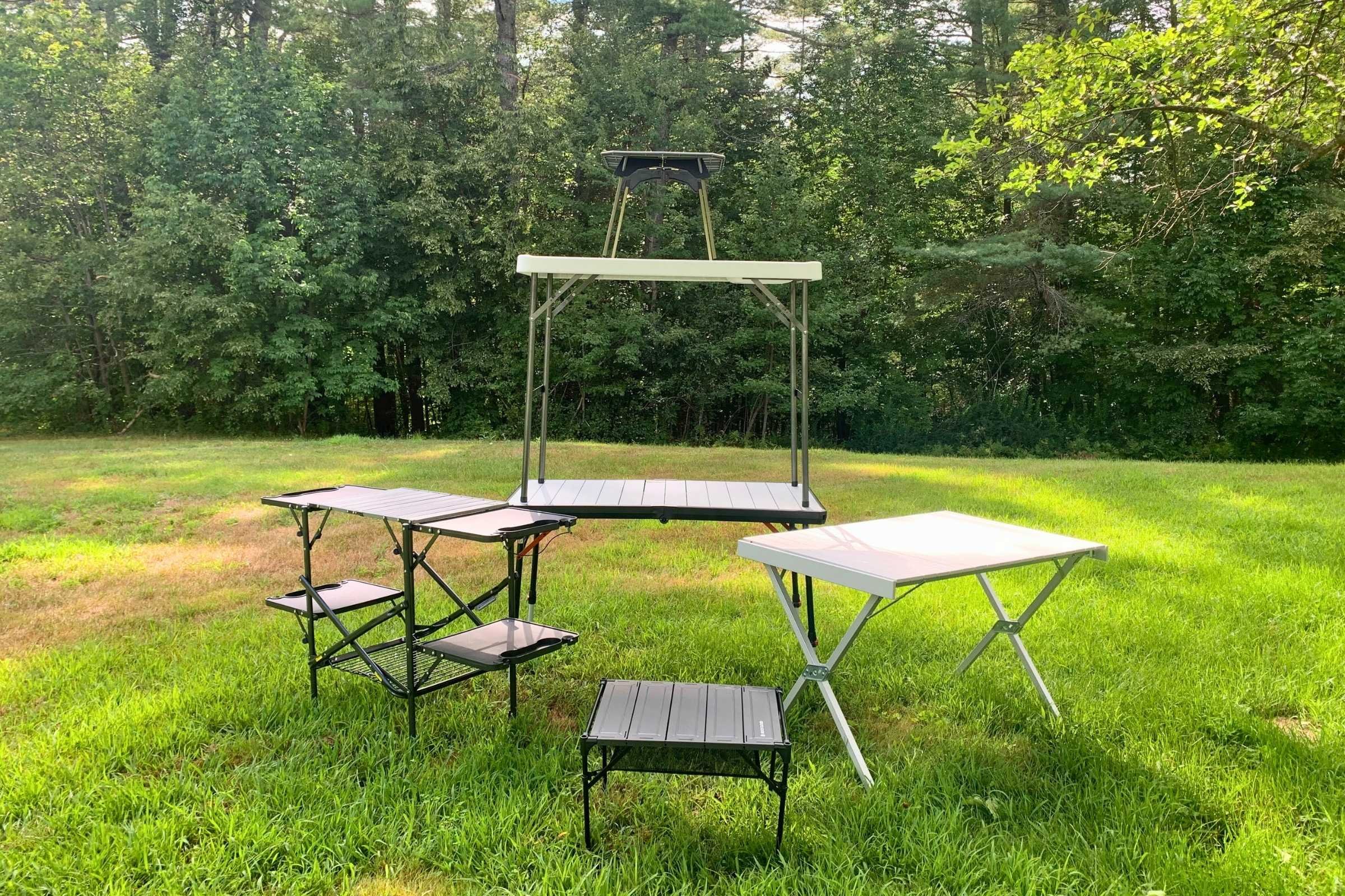 Testing camp tables side-by-side. Here are some of the camping tables we tested and compared.