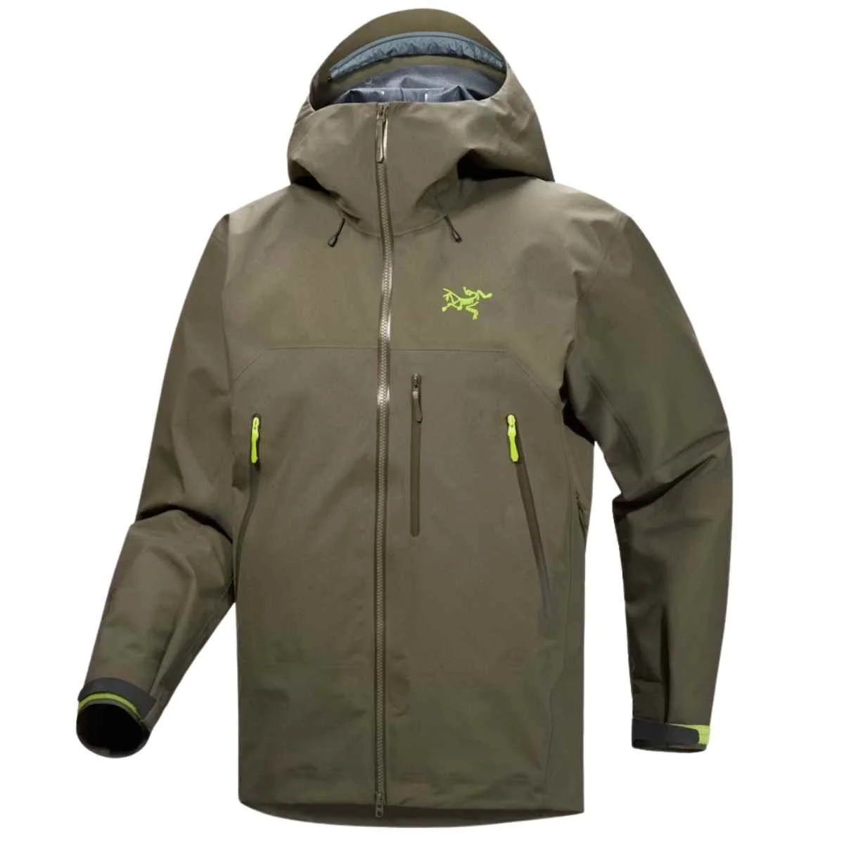 The Arc’teryx Beta SV jacket in army green with lime green accents