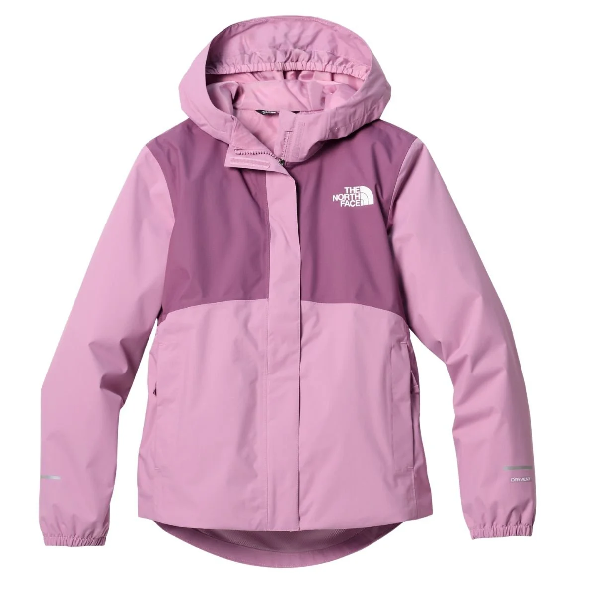 Girls’ The North Face Antora Rain Jacket in pink and purple with a hood and front storm flap