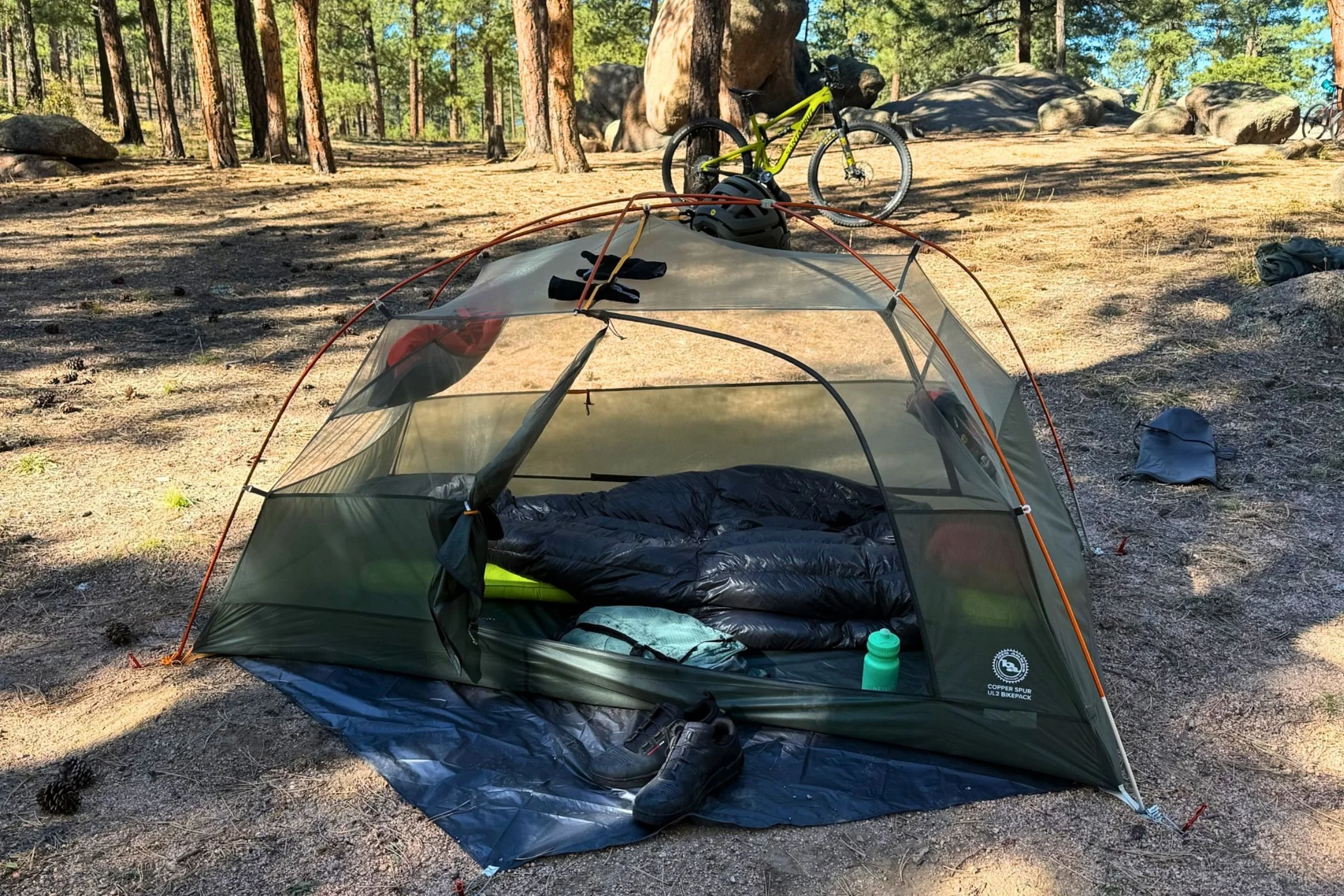 The Copper Spur features giant pockets for stashing all your gear as well as daisy chain loops on the tent body as well as the rainfly for drying out gear after a long day of riding.