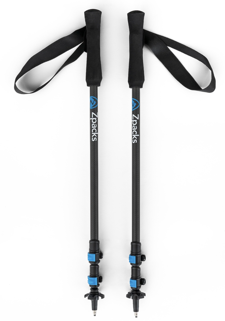 The Zpacks Minimalist trekking poles in black with blue clasp locks