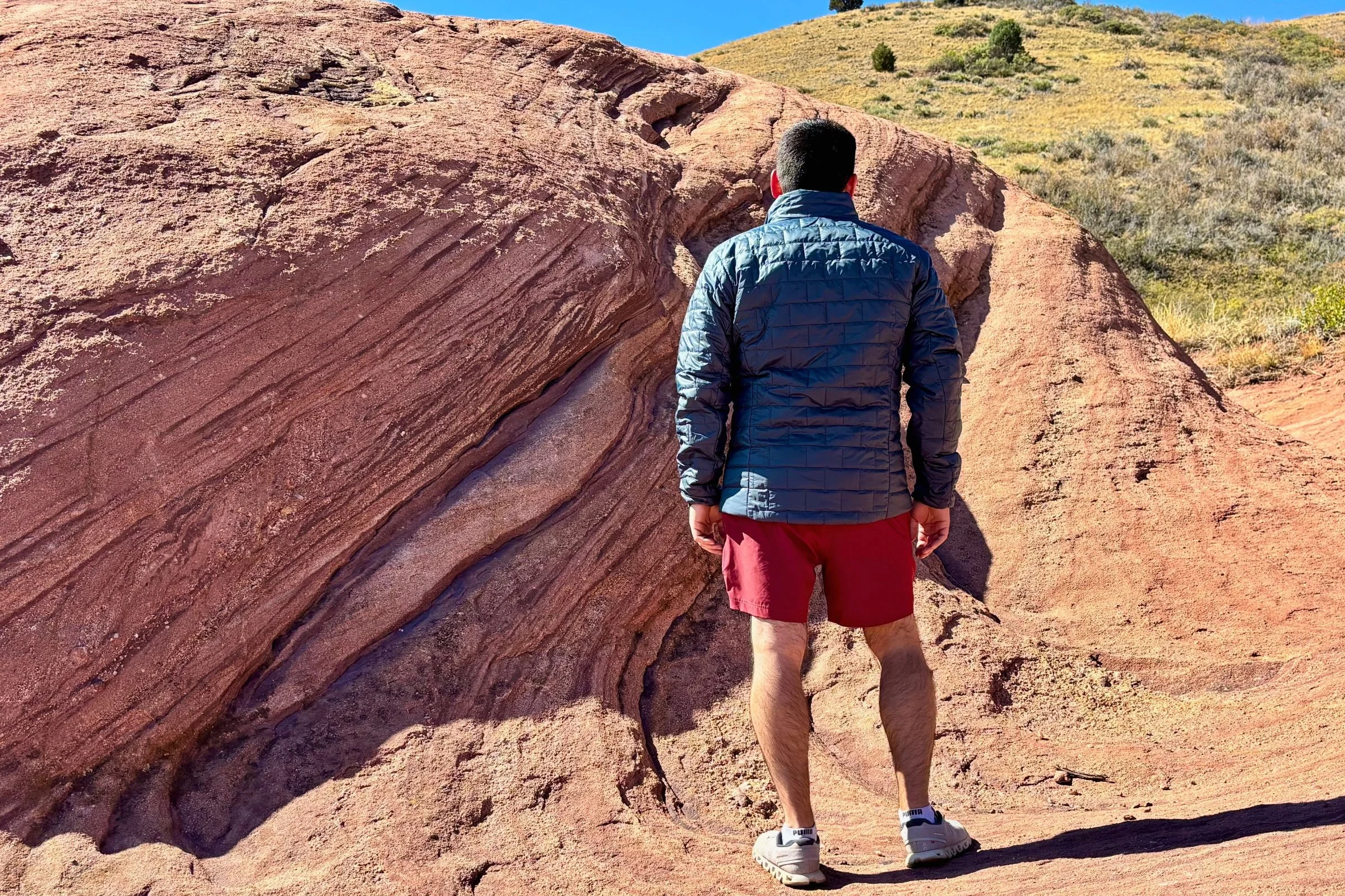 Man shown from the back, wearing a blue Patagonia Nano Puff jacket.