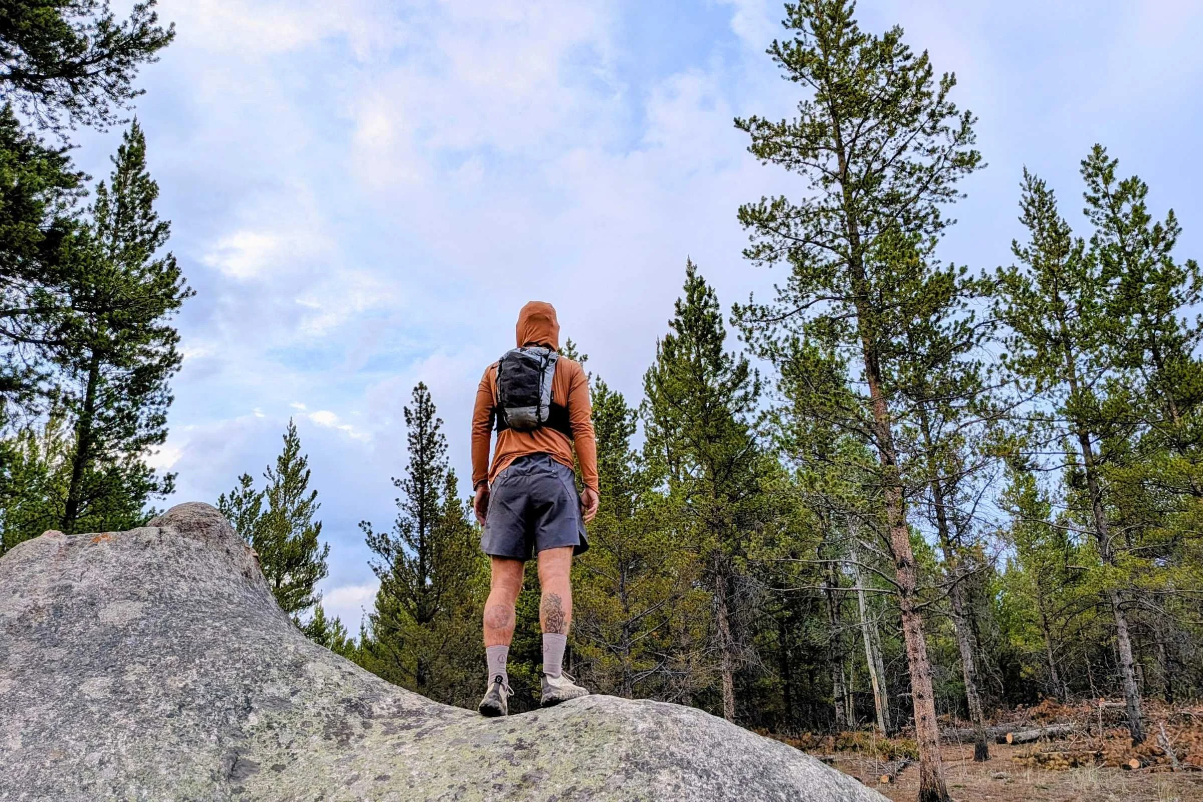Hyperlite Mountain Gear Pemi 15 Running Vest worn by a hiker standing on boulders overlooking a pine forest