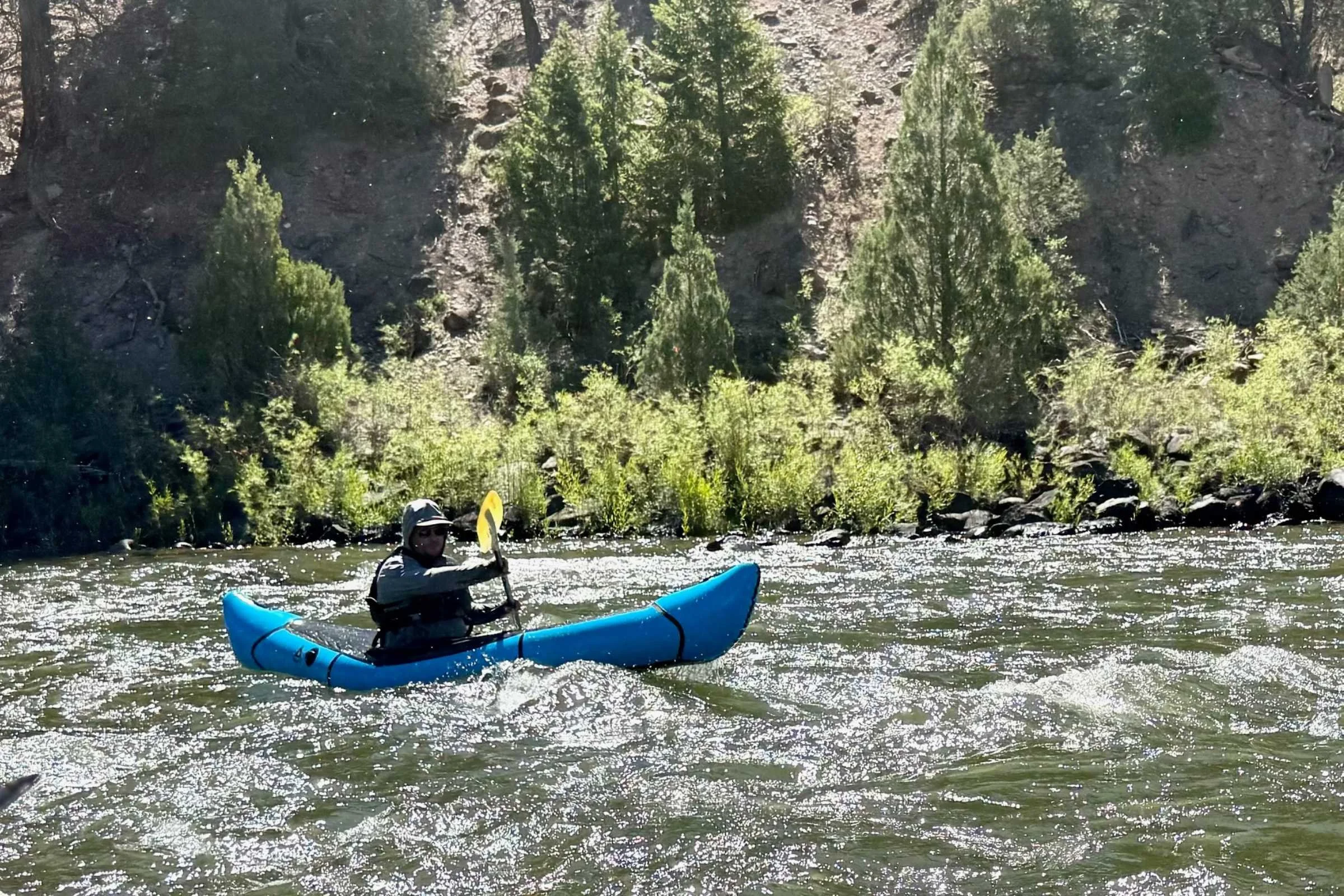 With the spraydeck off, the Chinook took on some water in choppier sections of the Colorado River