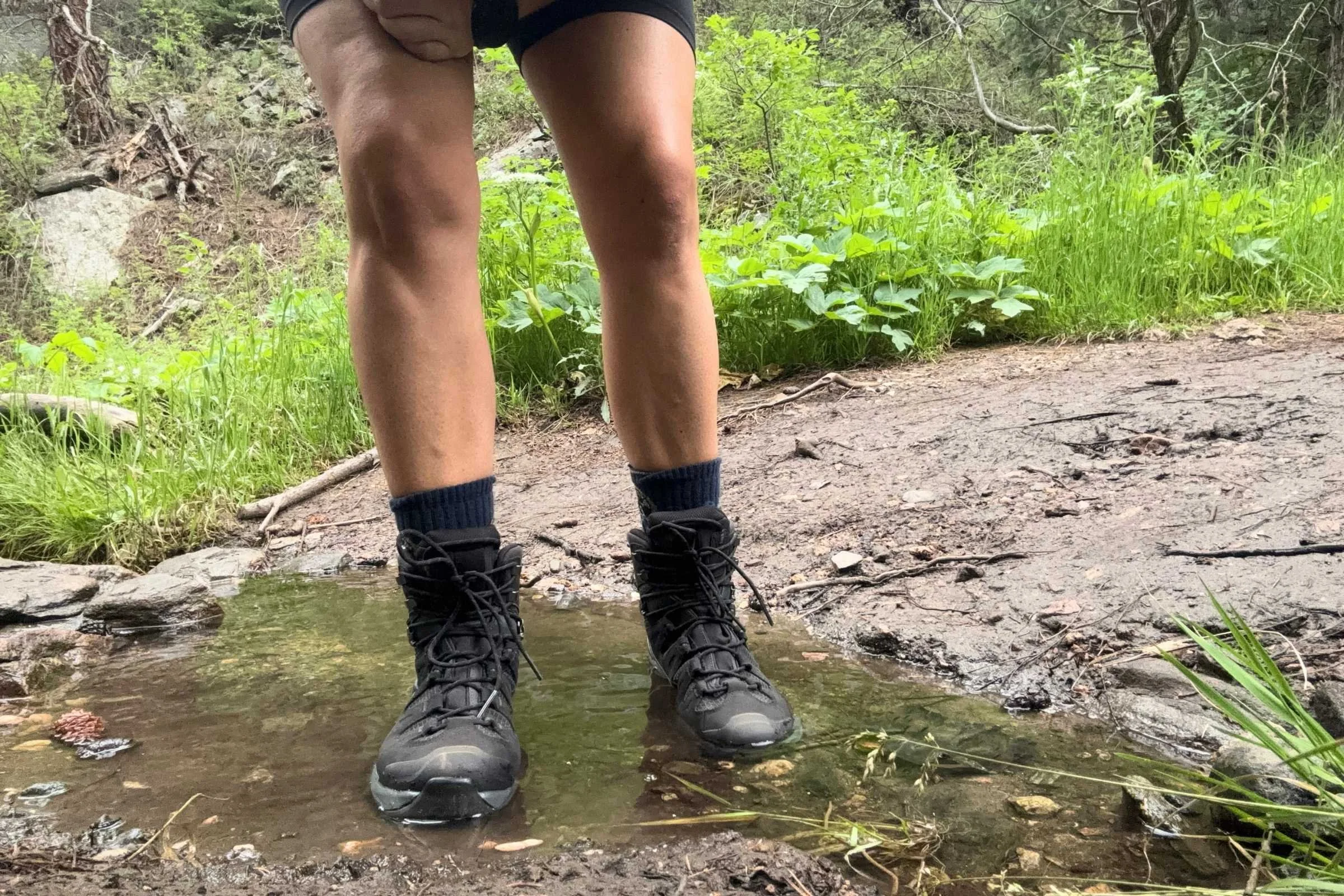 Salomon Quest 5 GORE-TEX boots during waterproof testing.