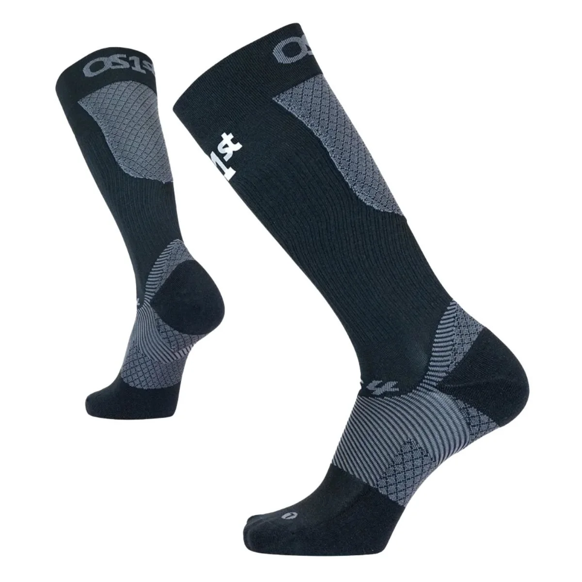 Black OS1st Compression Bracing Socks with gray compression panels around the feet and calves