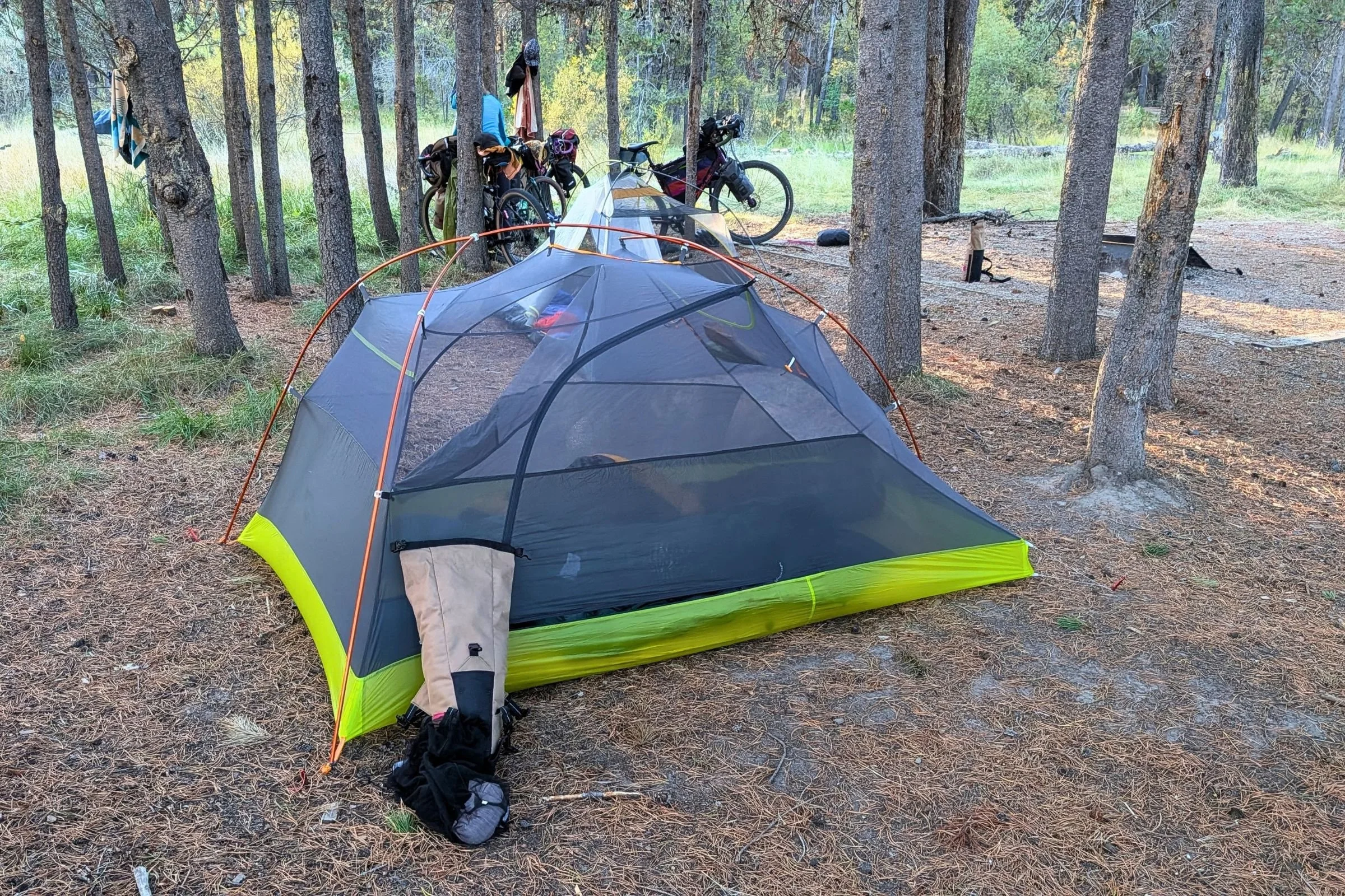 The Big Agnes Tiger Wall UL1 Bikepack Tent set up without the rainfly with bikes in the background.