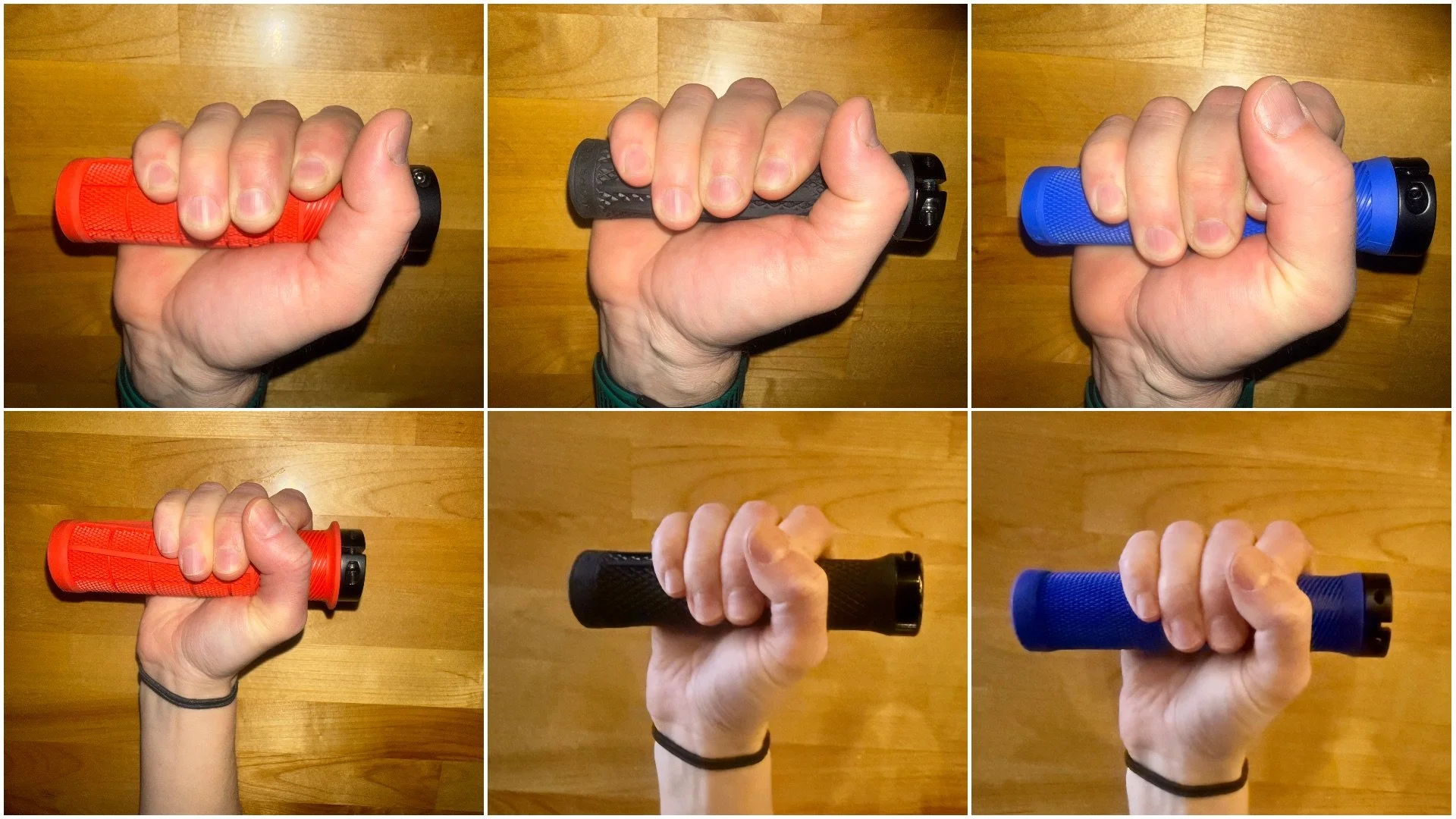 From left to right OneUp Components thick, regular and thin grips in a larger hand (top) compared to a smaller hand (bottom). Top right shows overgripping and bottom left shows undergripping. Both can control issues. Courtesy Chris Meehan.